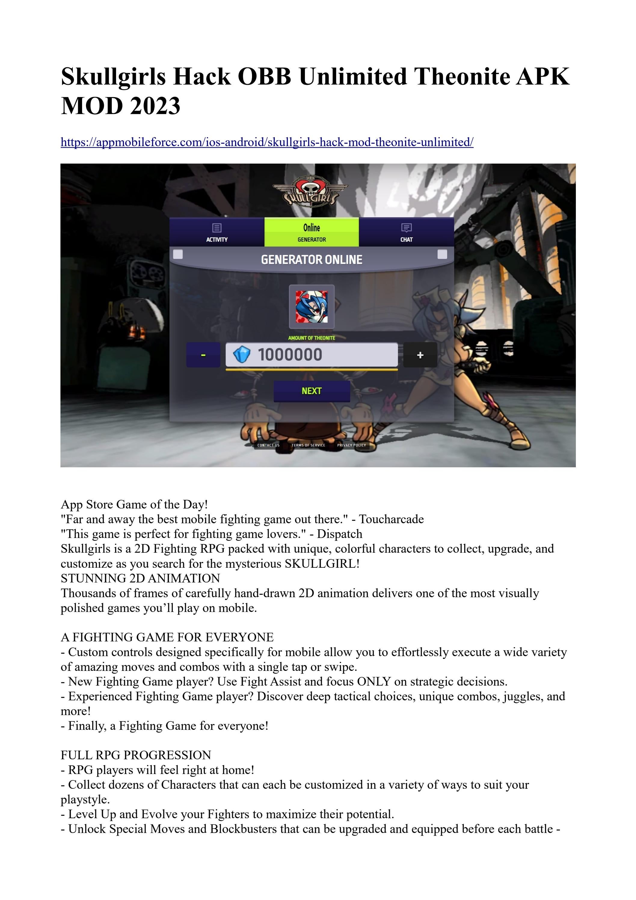 Skullgirls Hack OBB Unlimited Theonite APK MOD 2023 by skullgirls apk