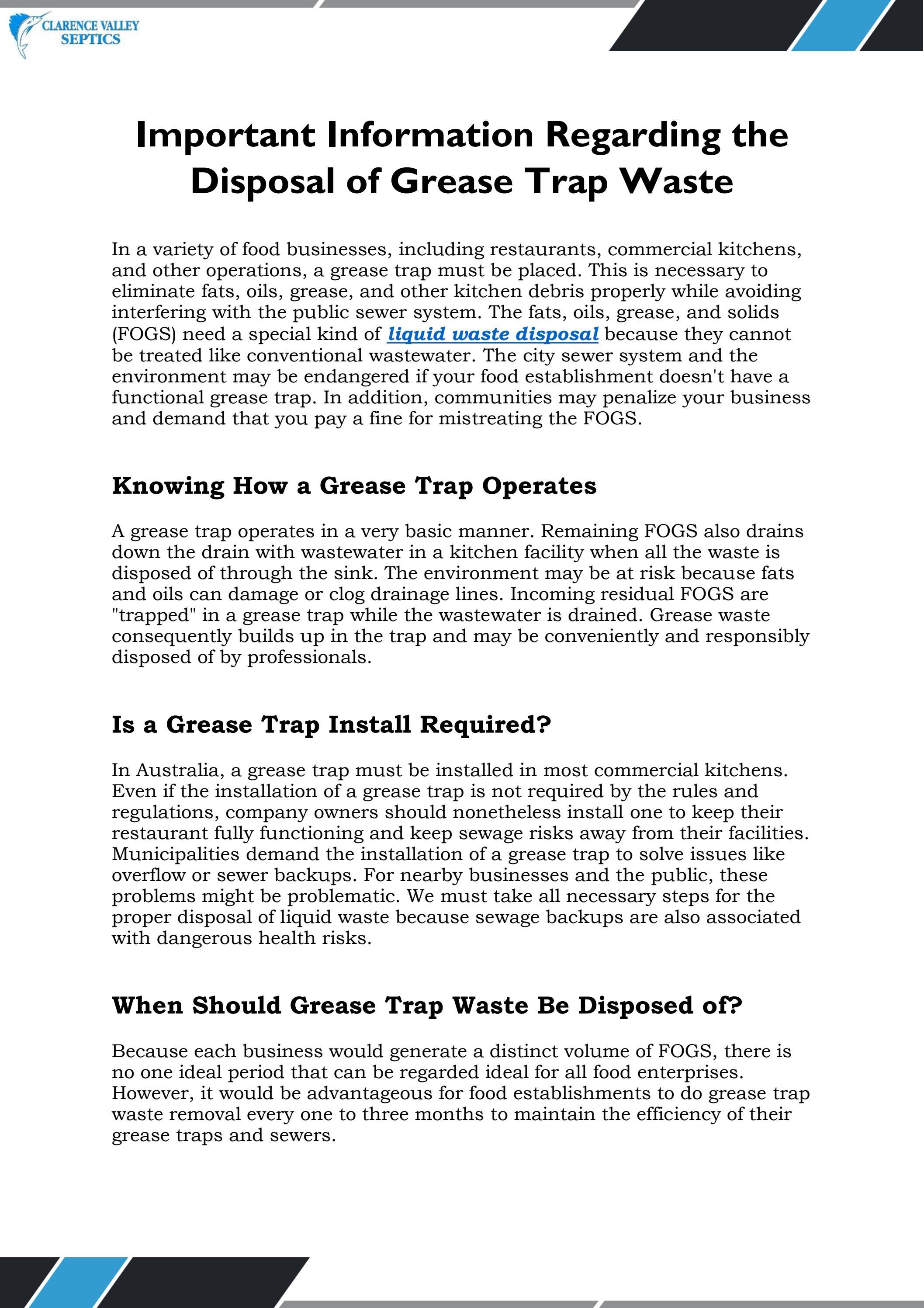 Efficient Grease Trap Waste Disposal Services by Clarence Valley