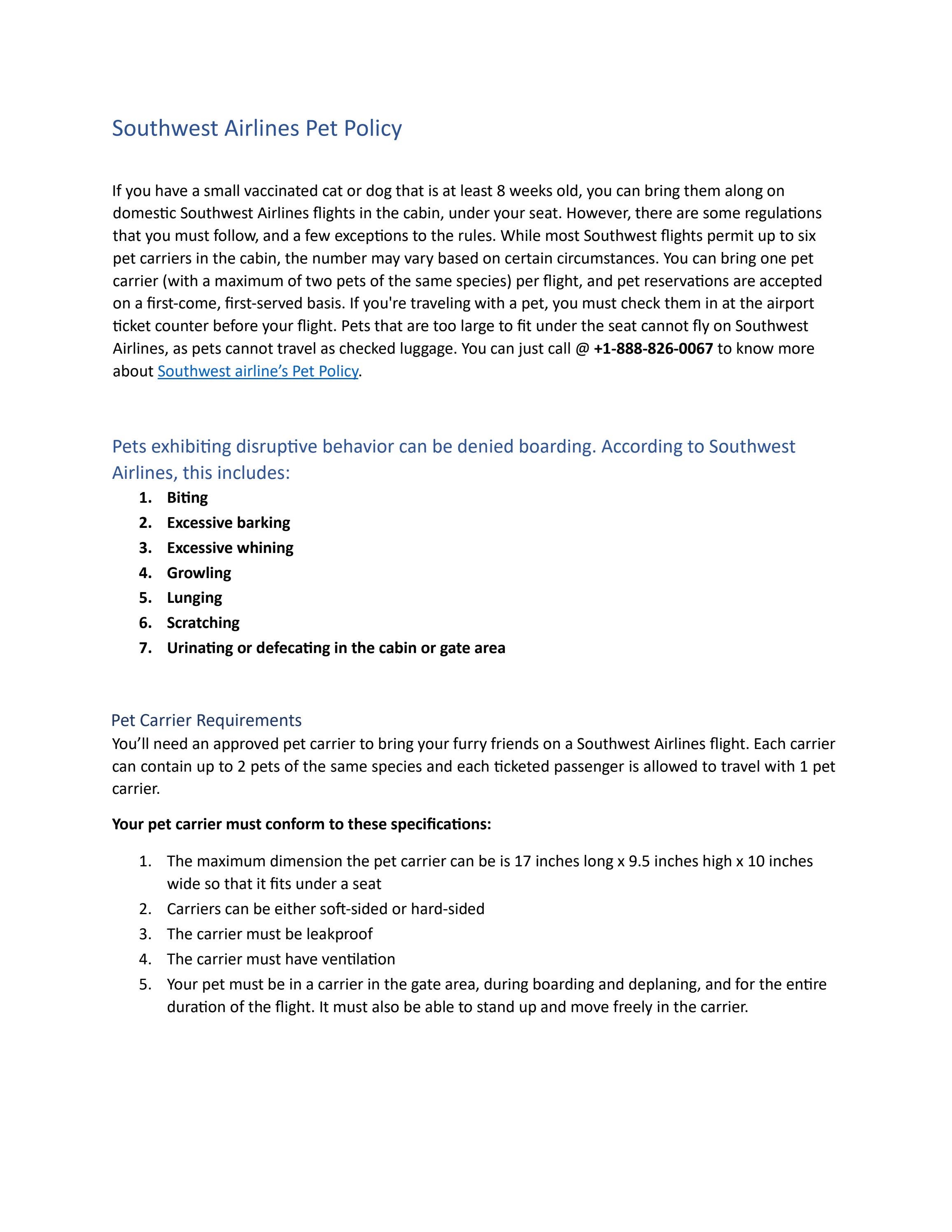 Southwest Airlines Pet Policy What You Need To Know +18888260067