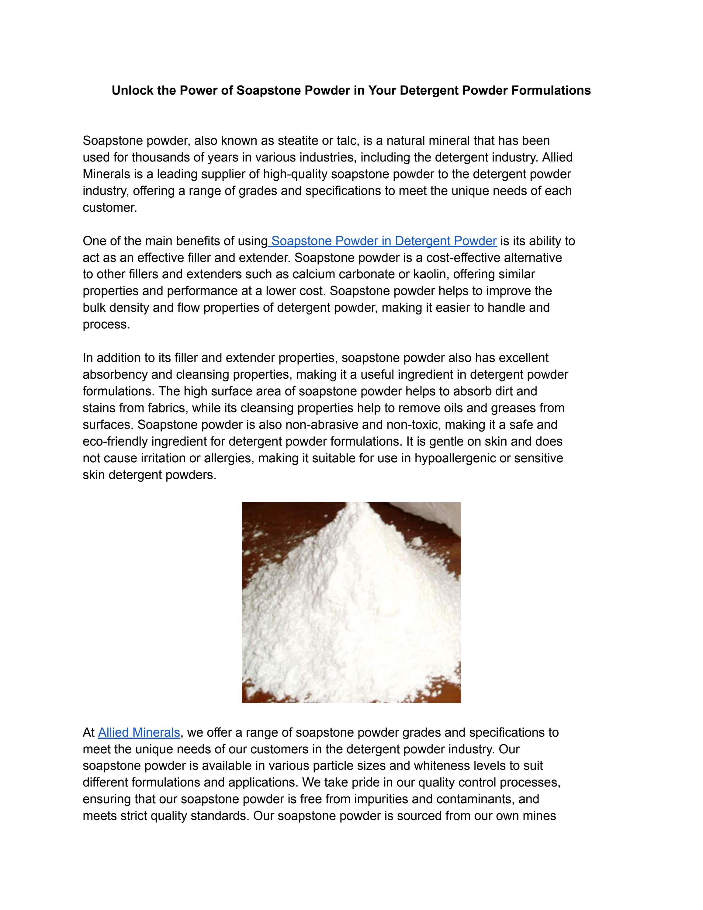 Unlock the Power of Soapstone Powder in Your Detergent Powder Formulations by Allied Mineral