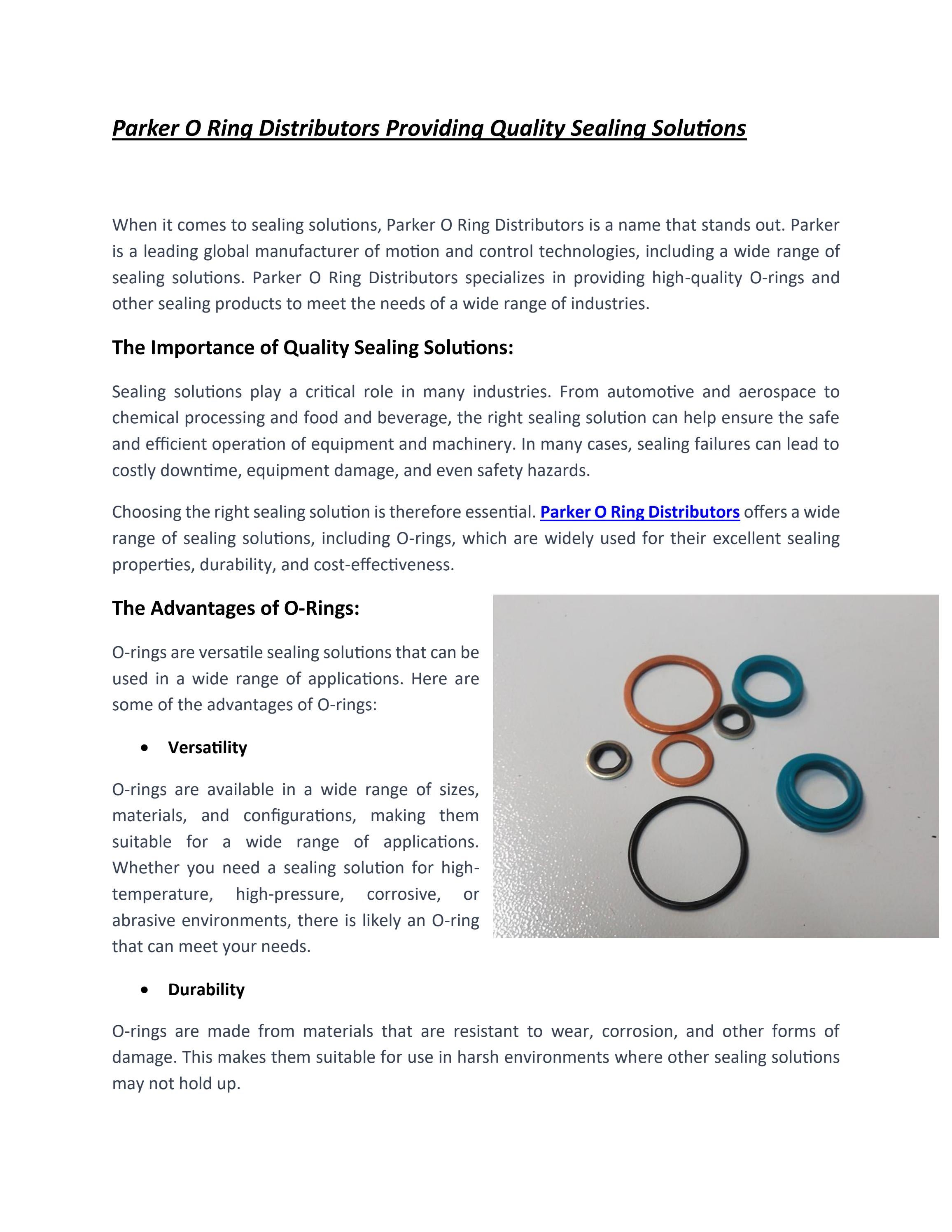 Parker O Ring Distributors Providing Quality Sealing Solutions by