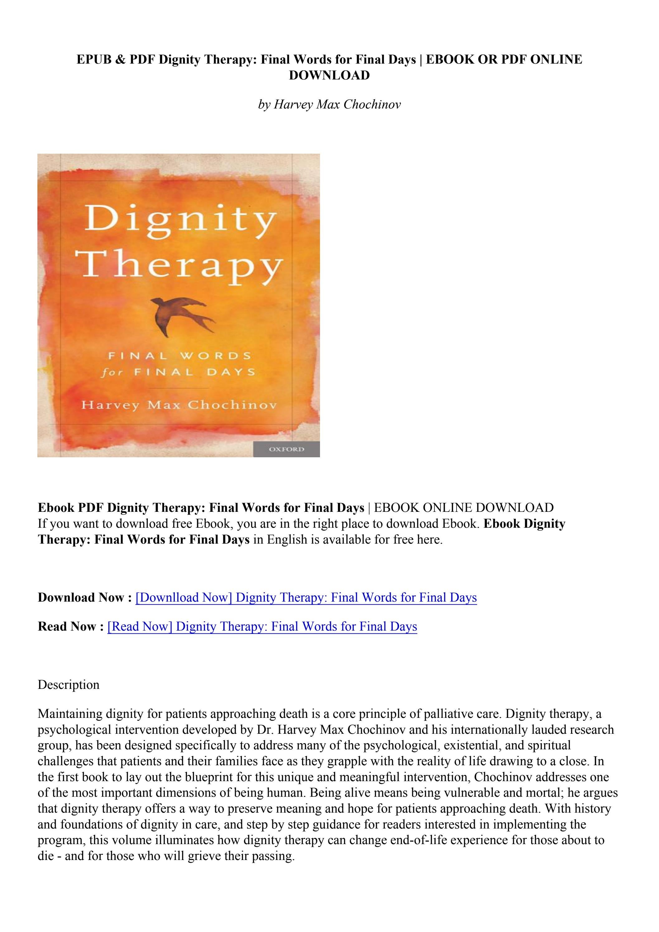 PDF Dignity Therapy Final Words for Final Days Harvey Max Chochinov