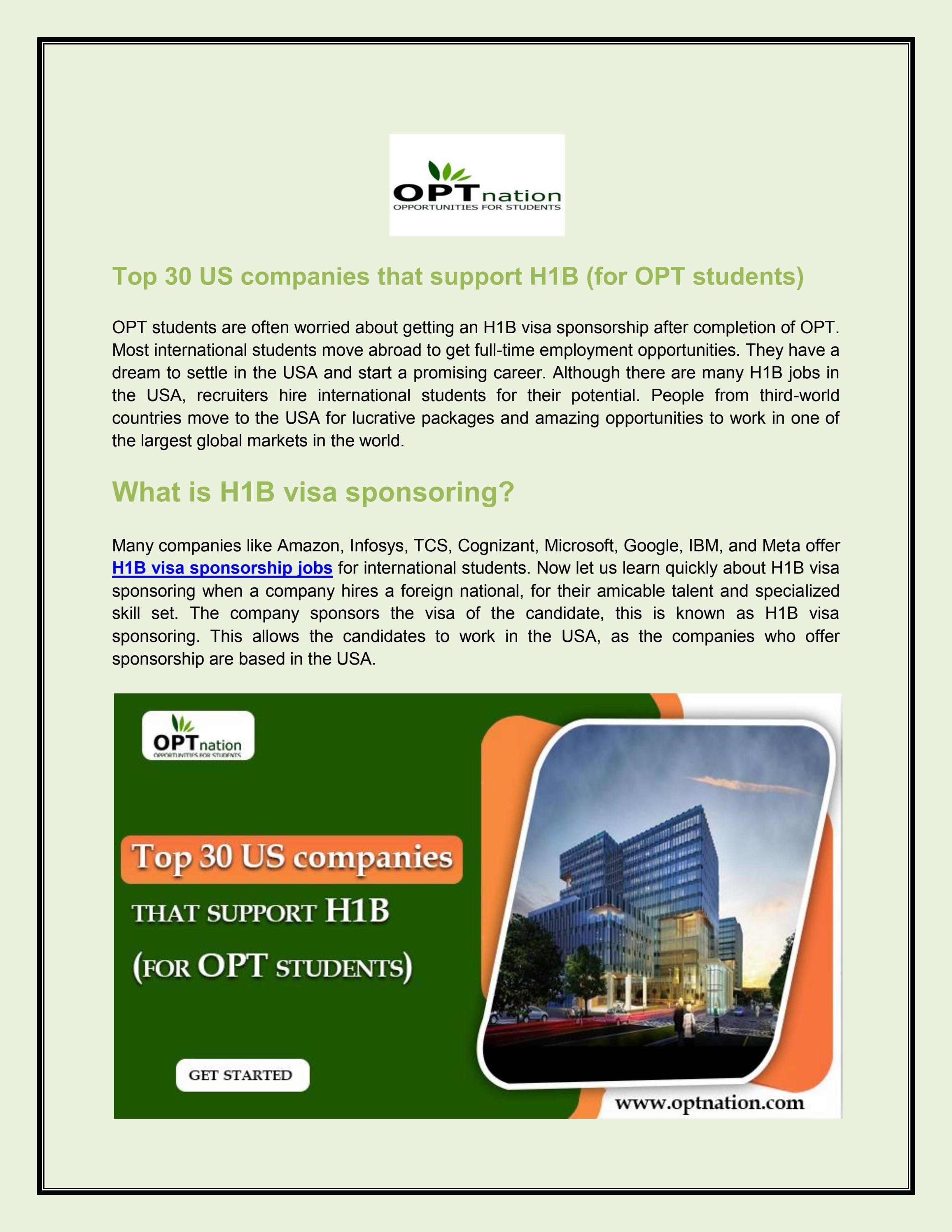 Top 30 US Companies that Support H1B (for OPT students) by opt jobs in