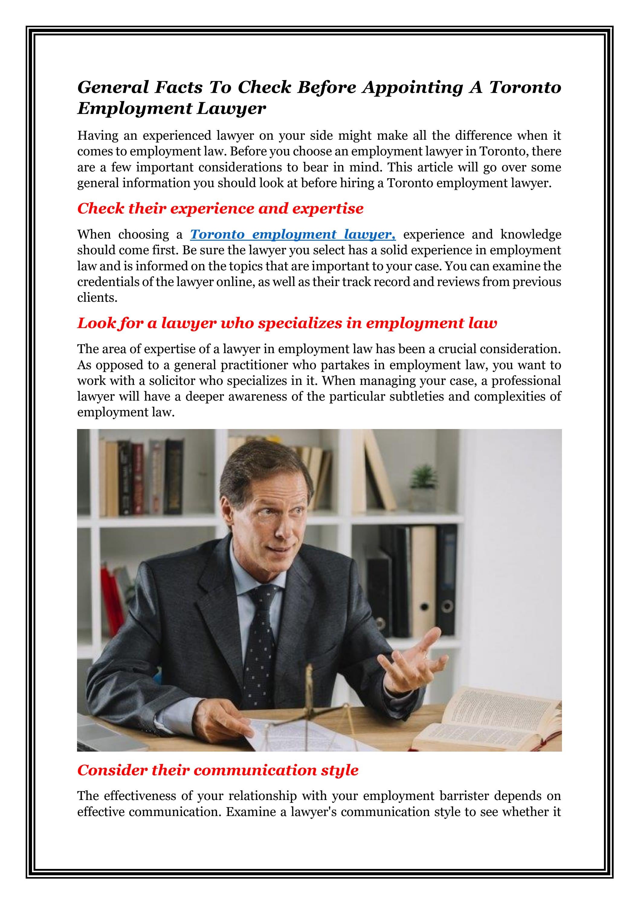General Facts To Check Before Appointing A Toronto Employment Lawyer by