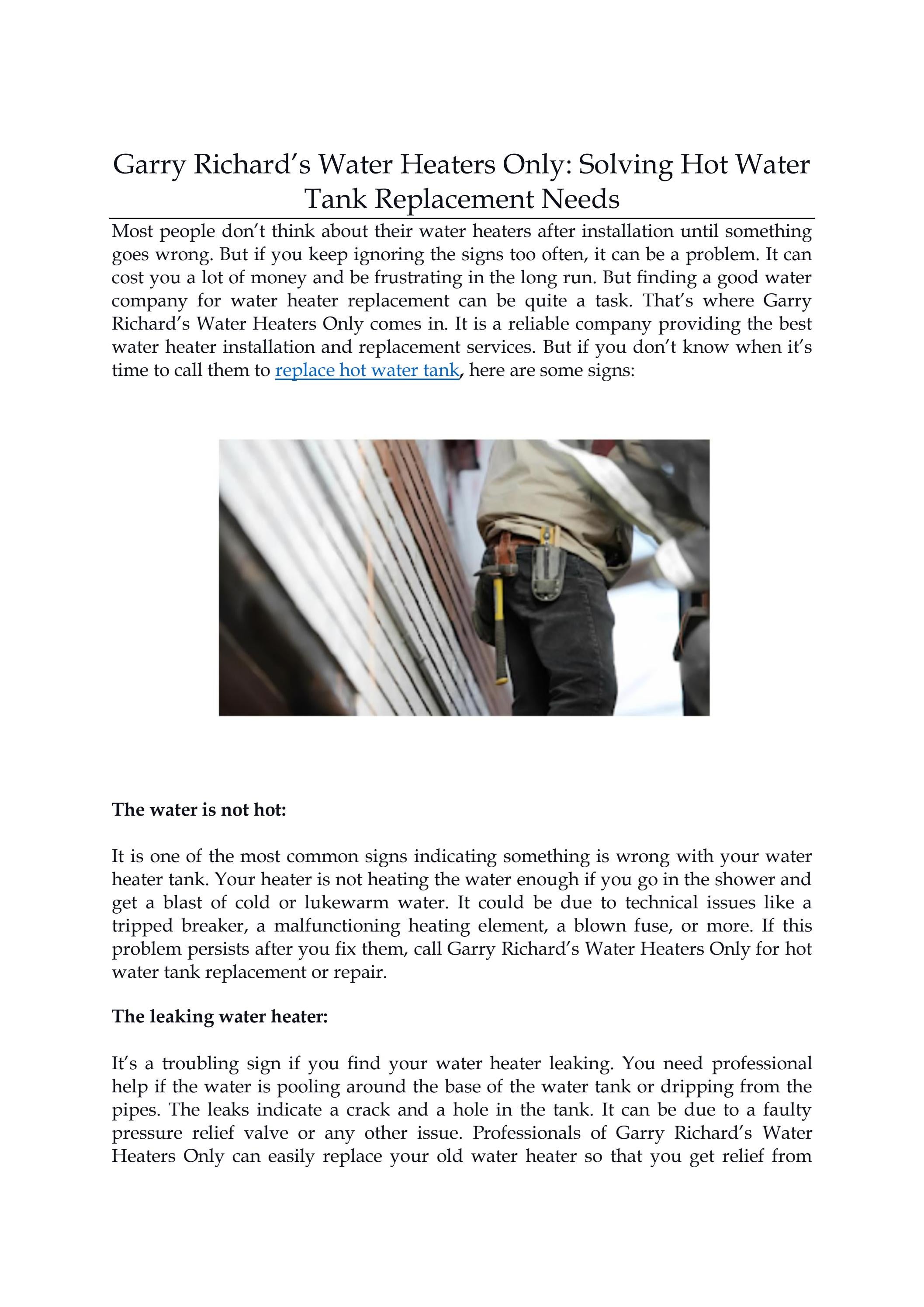 Garry Richard’s Water Heaters Only Solving Hot Water Tank Replacement