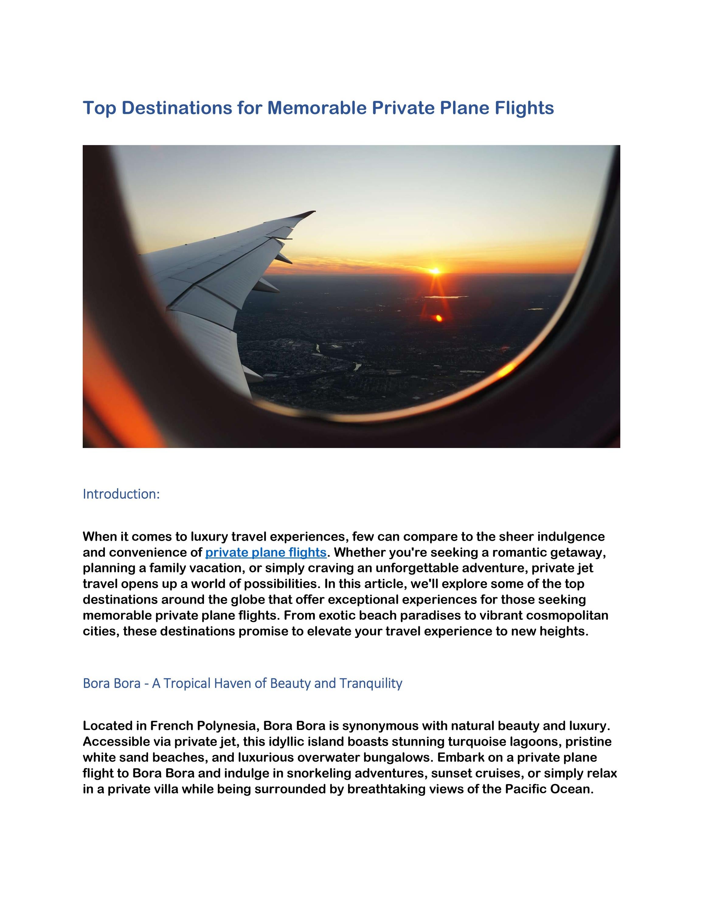 Top destinations for memorable private plane flights by worldwide jet