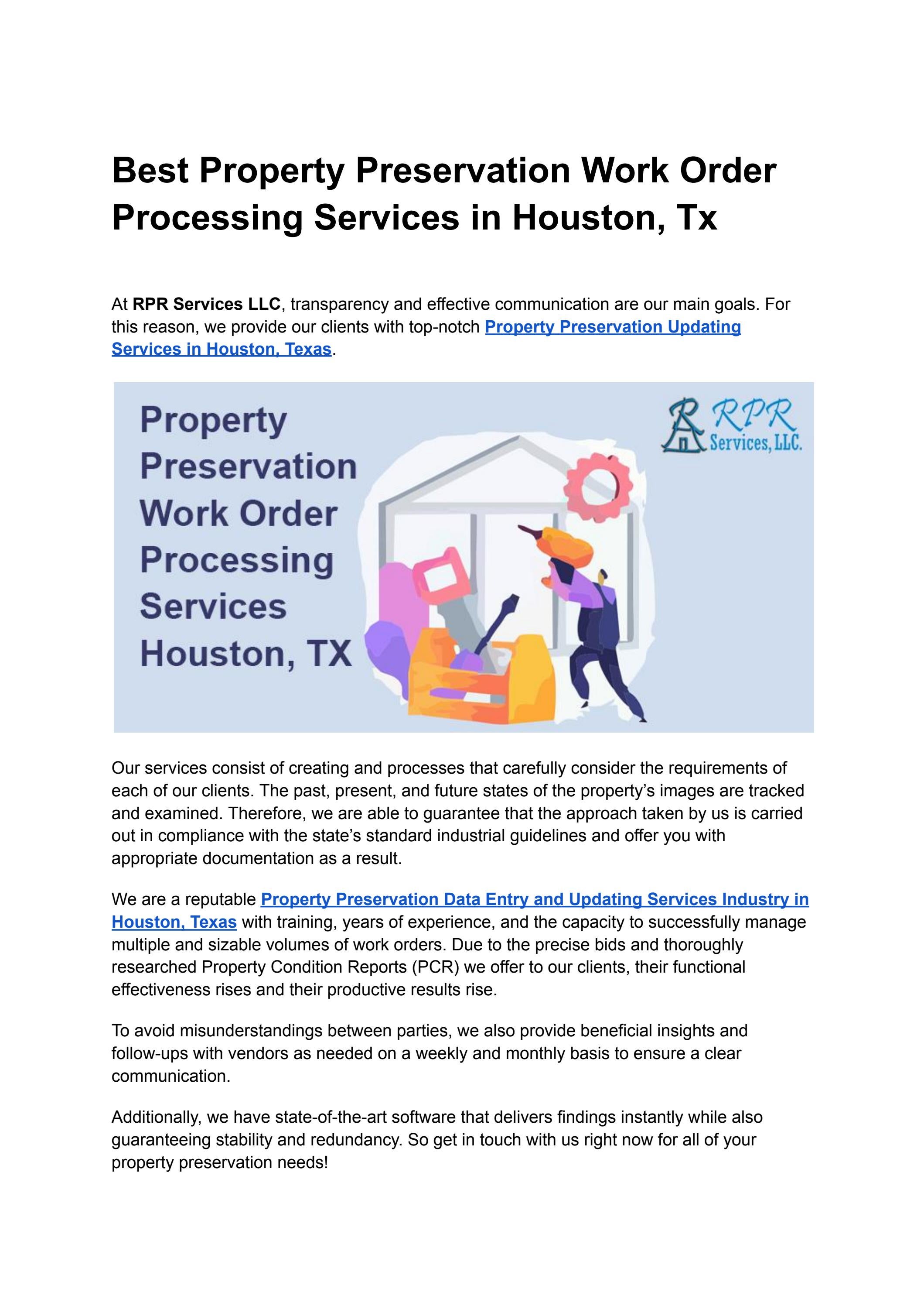 Best Property Preservation Work Order Processing Services in Houston