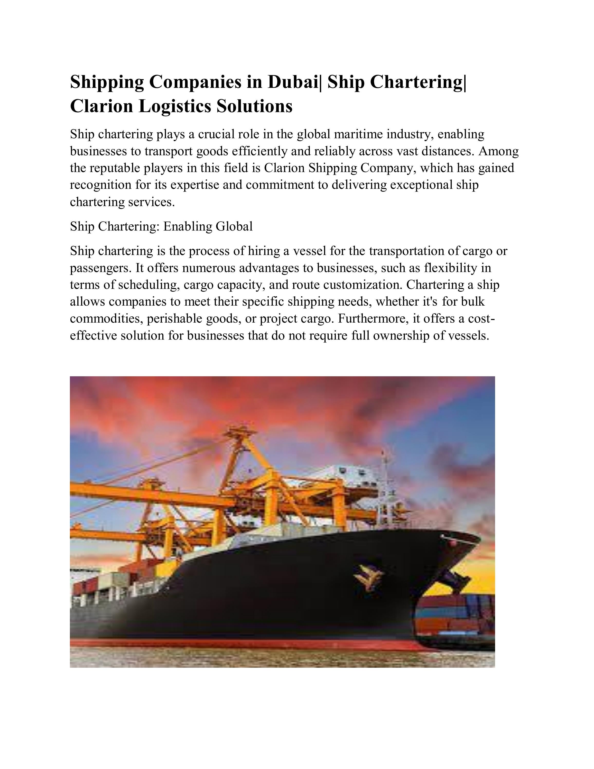 Shipping Companies in Dubai Ship Chartering Clarion Logistics