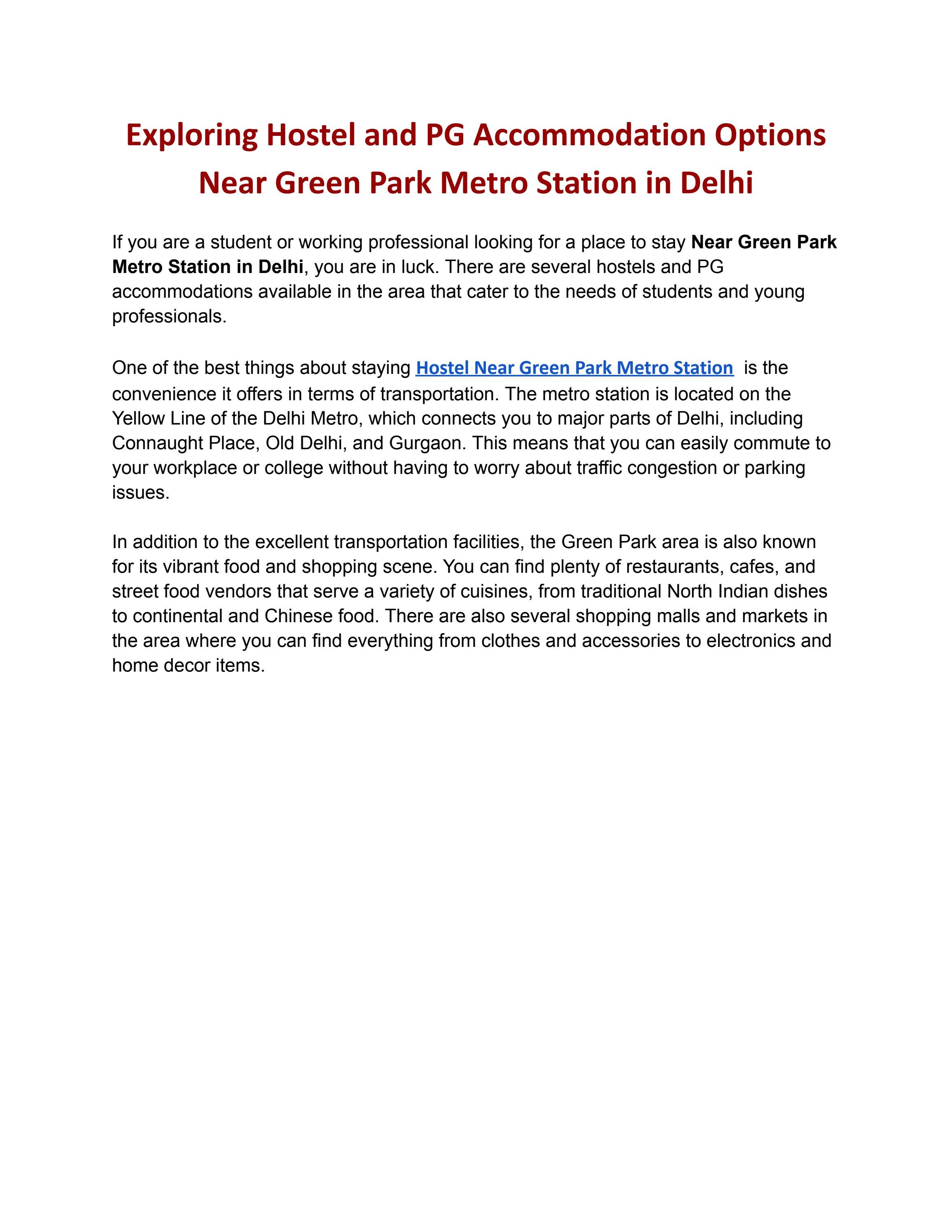 Exploring Hostel and PG Options near Green Park Metro
