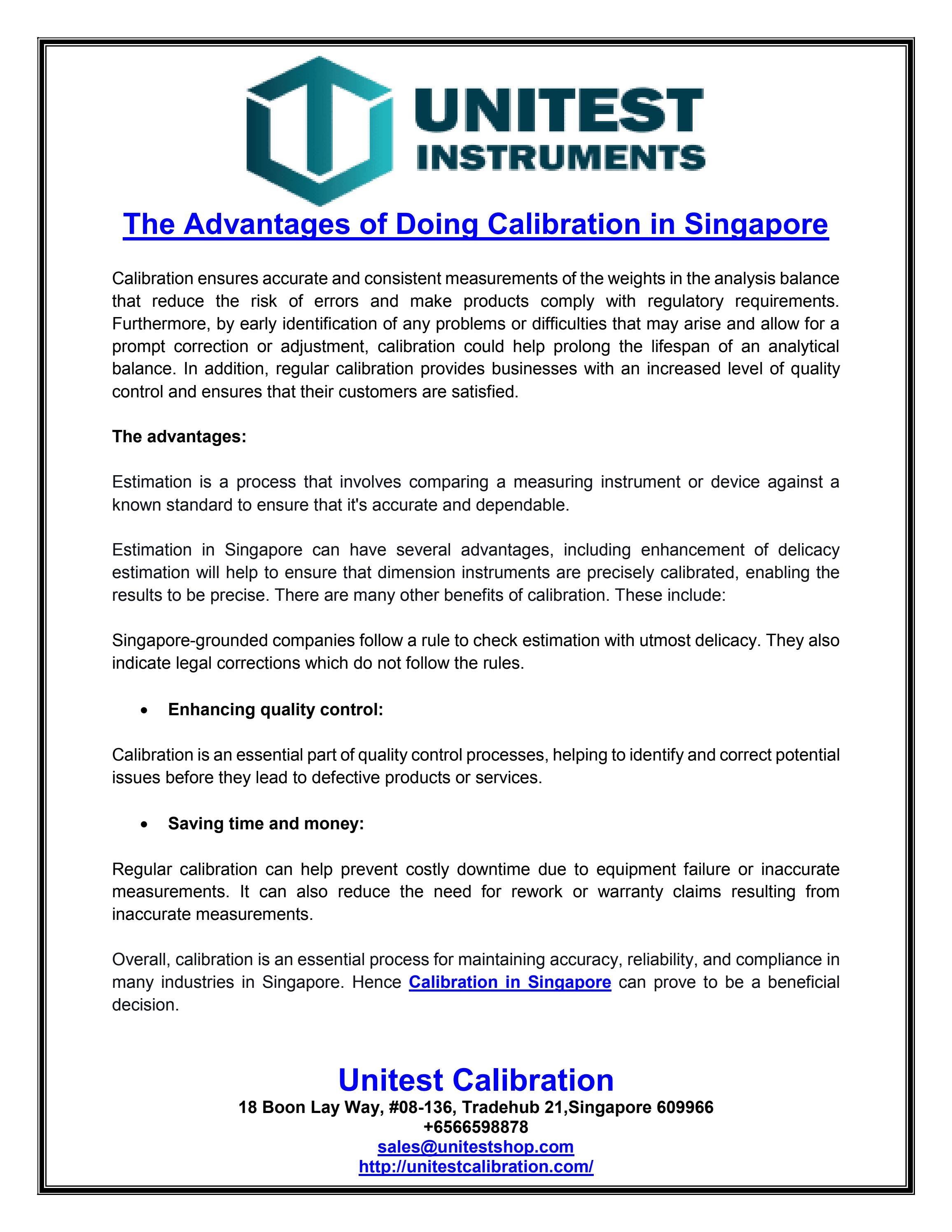 The Advantages of Doing Calibration in Singapore by Unitest Calibration