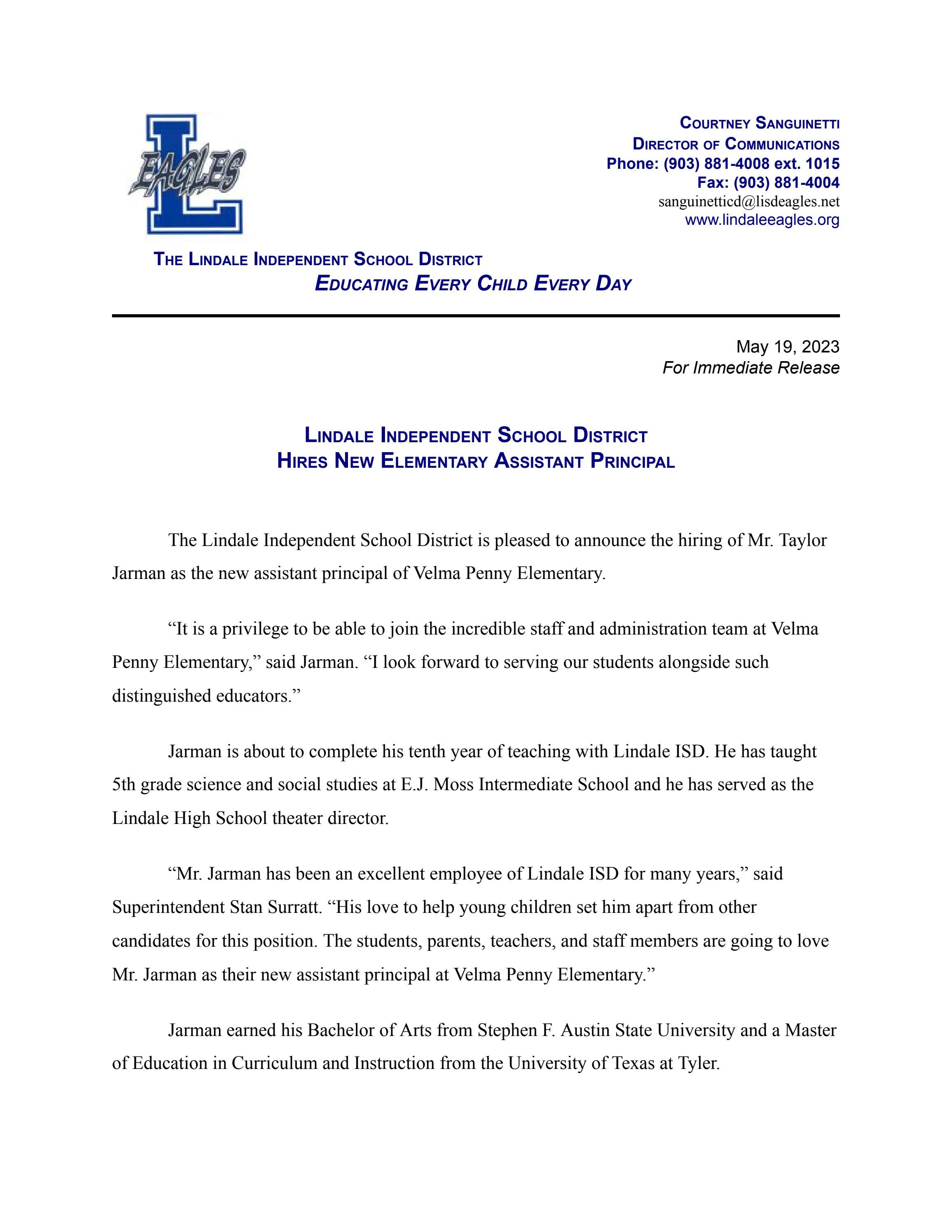 Lindale Independent School District Hires New Velma Penny Elementary