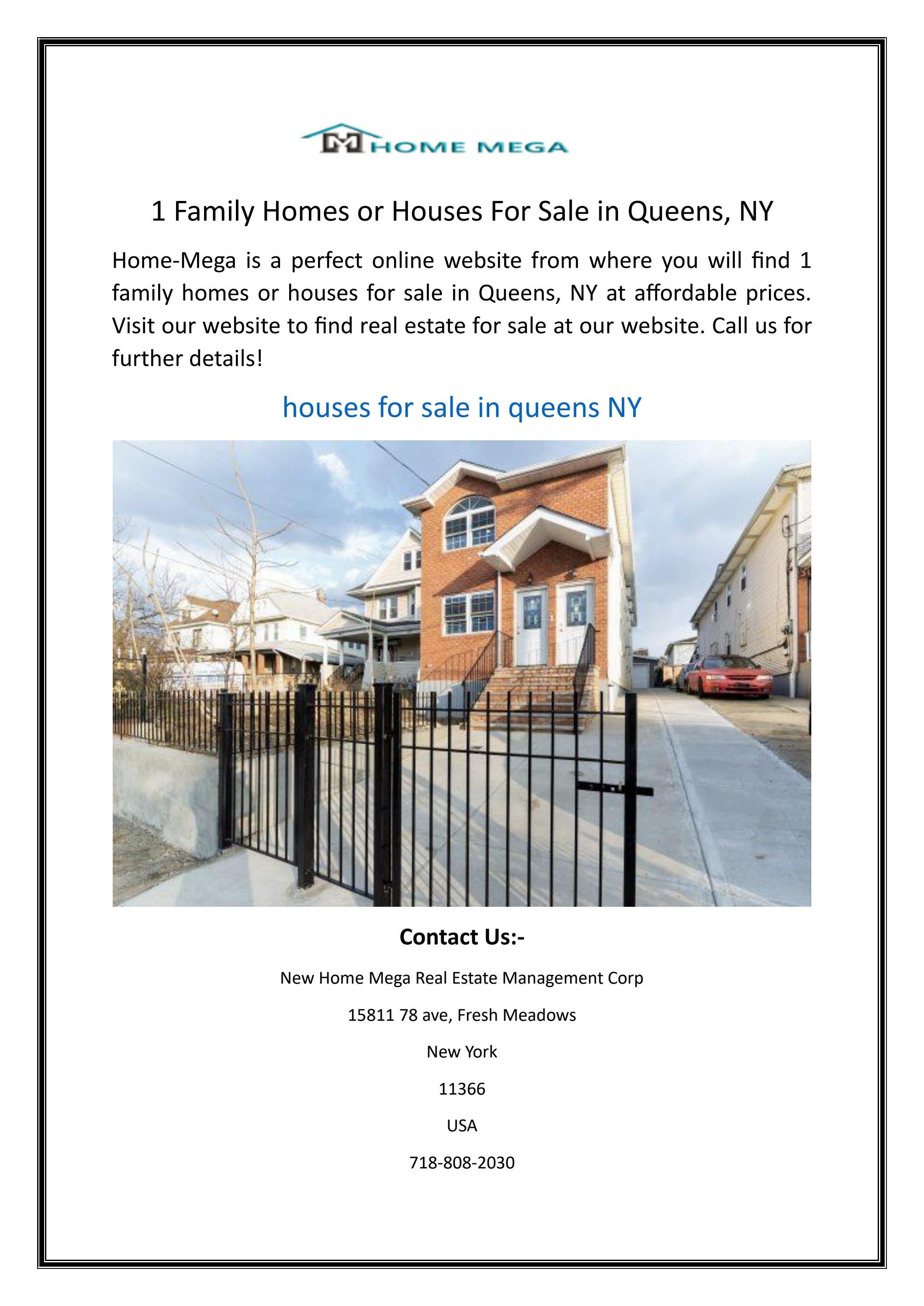 1 Family Homes or Houses For Sale in Queens, NY by Home Mega Management