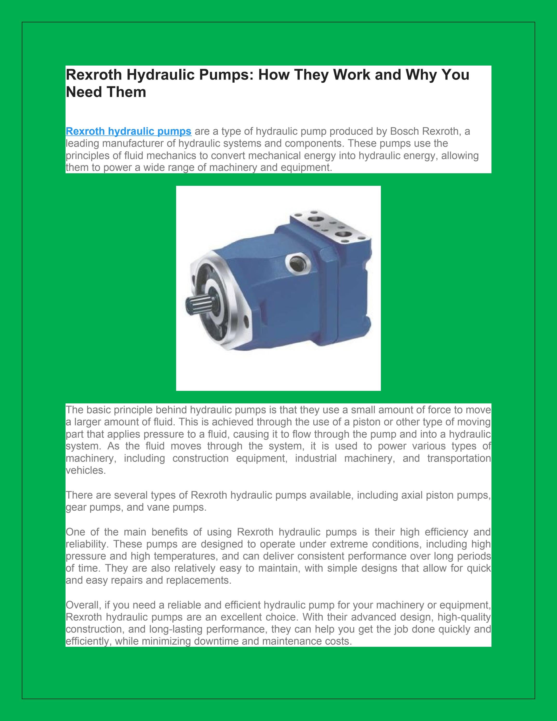 Rexroth Hydraulic Pumps How They Work and Why You Need Them by Rexroth