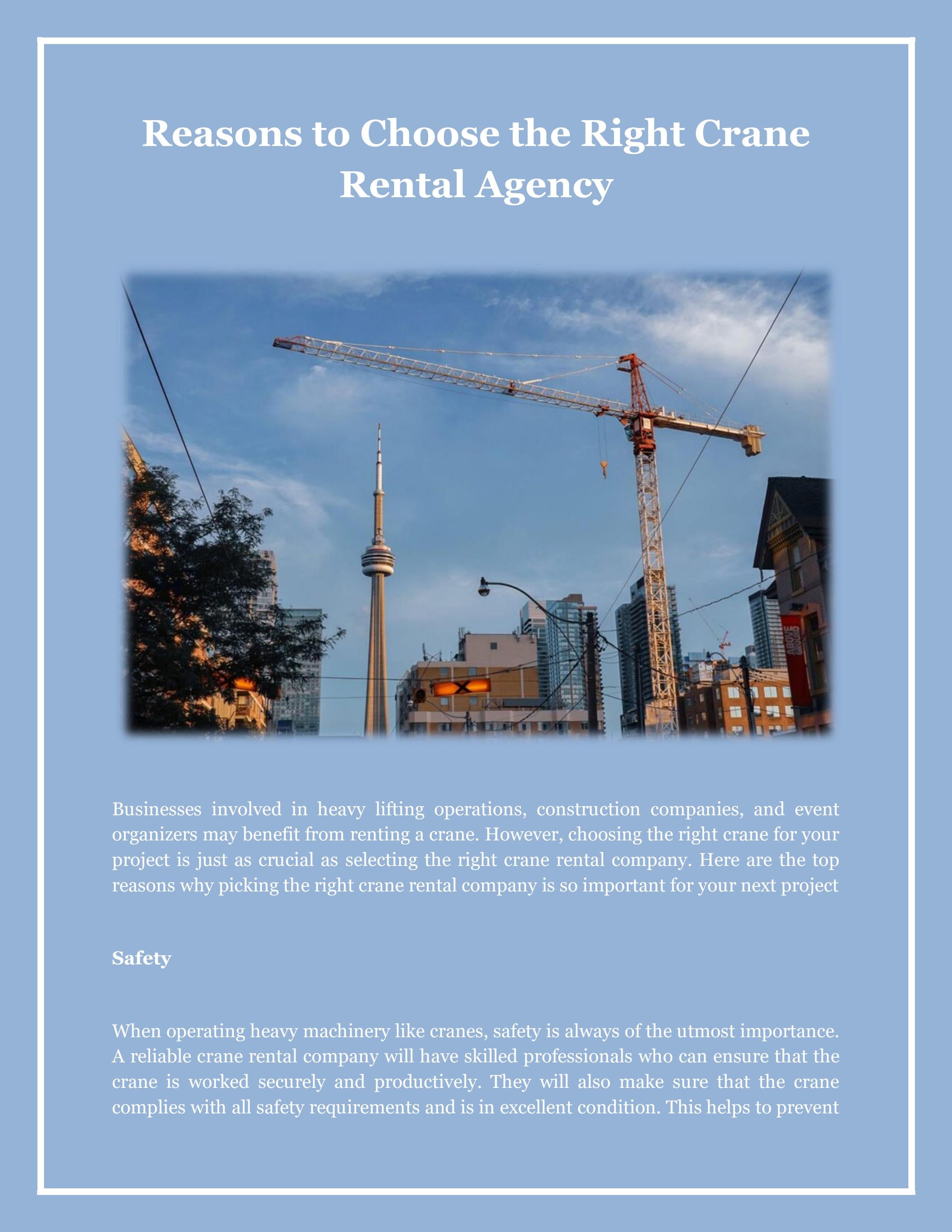 Reasons to Choose the Right Crane Rental Agency by Falcon Crane Ltd