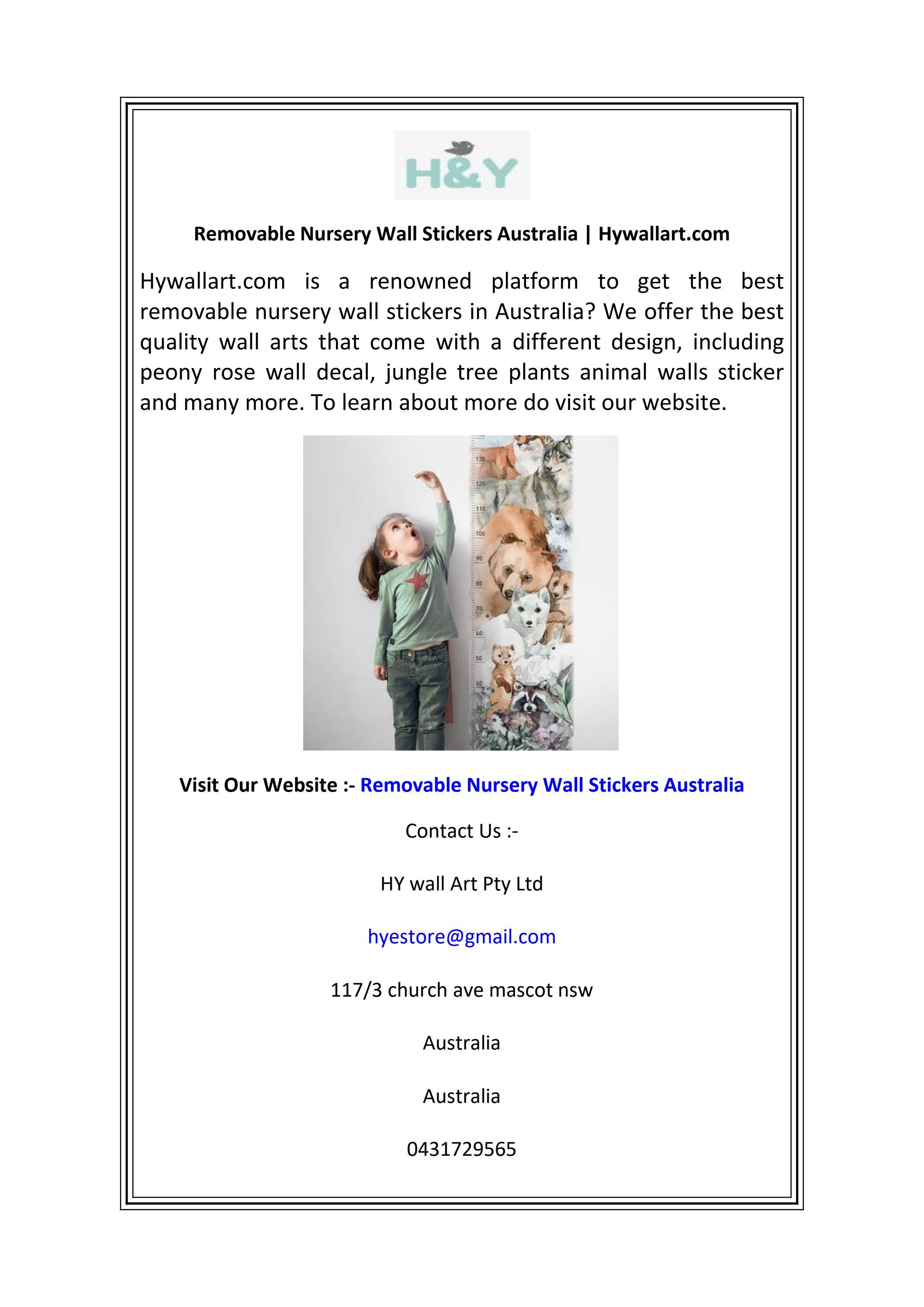 Removable Nursery Wall Stickers Australia by HY wall