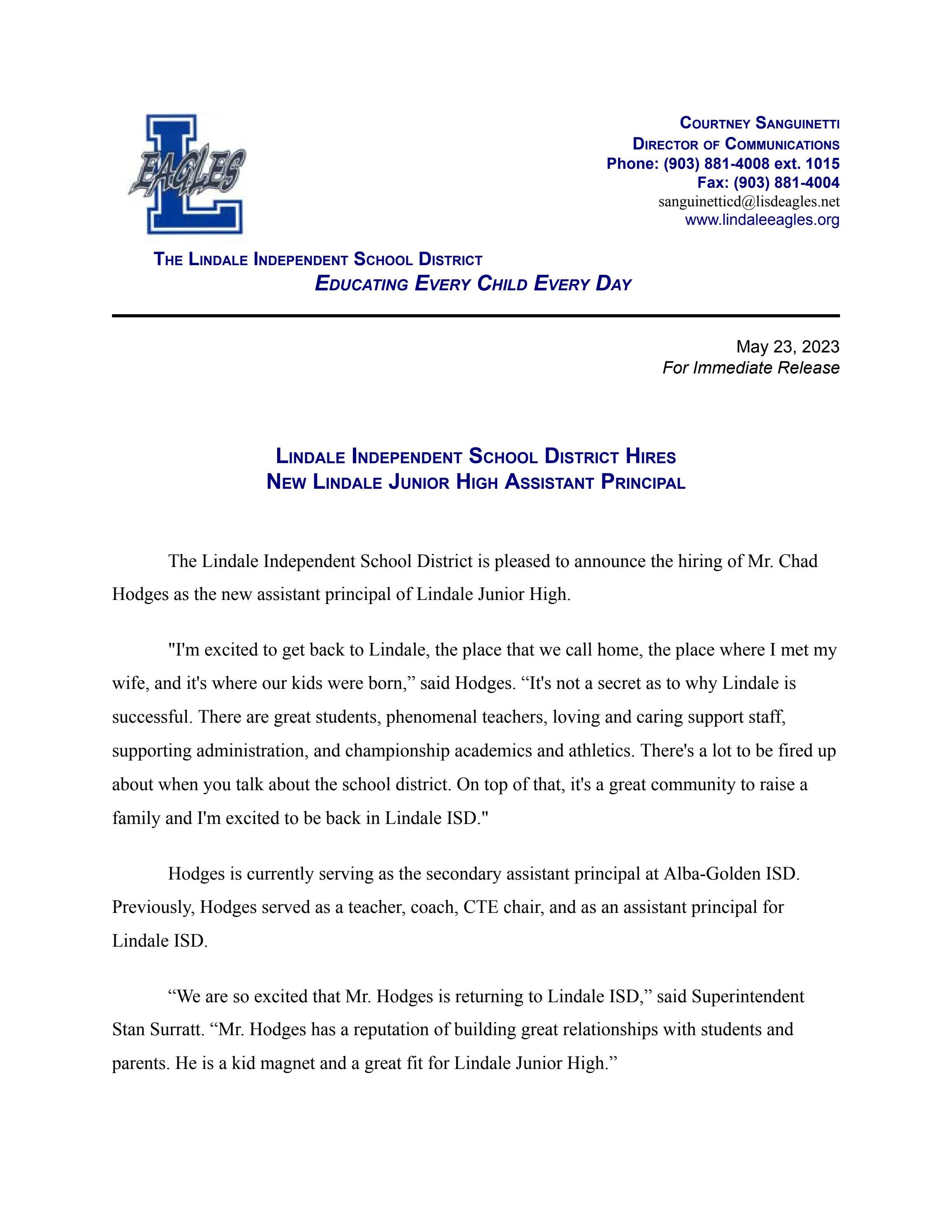 Lindale Independent School District Hires New Lindale Junior High