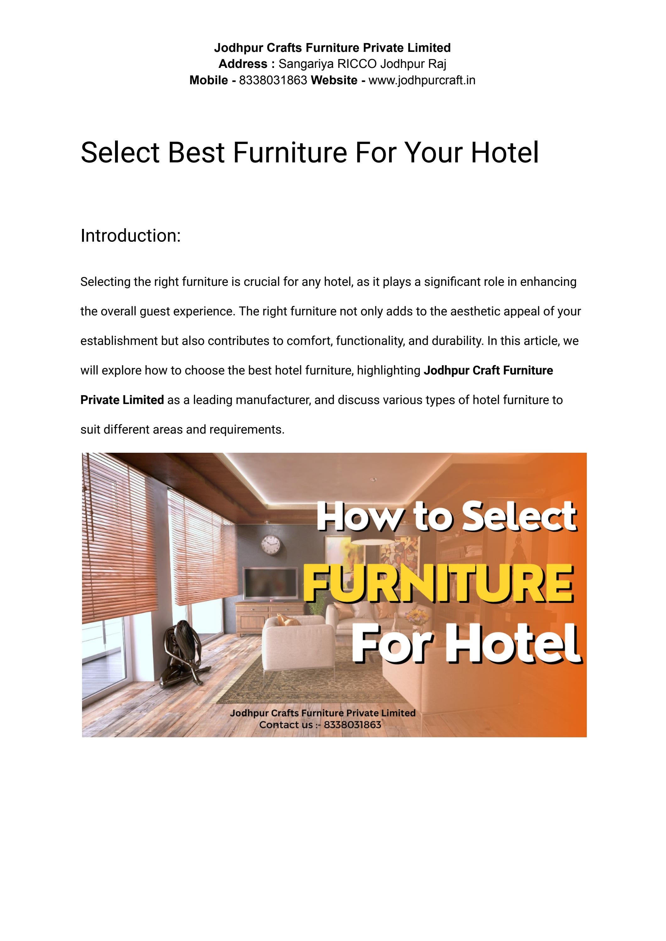 Select Best Furniture For Hotel by JODHPUR CRAFTS FURNITURE PRIVATE