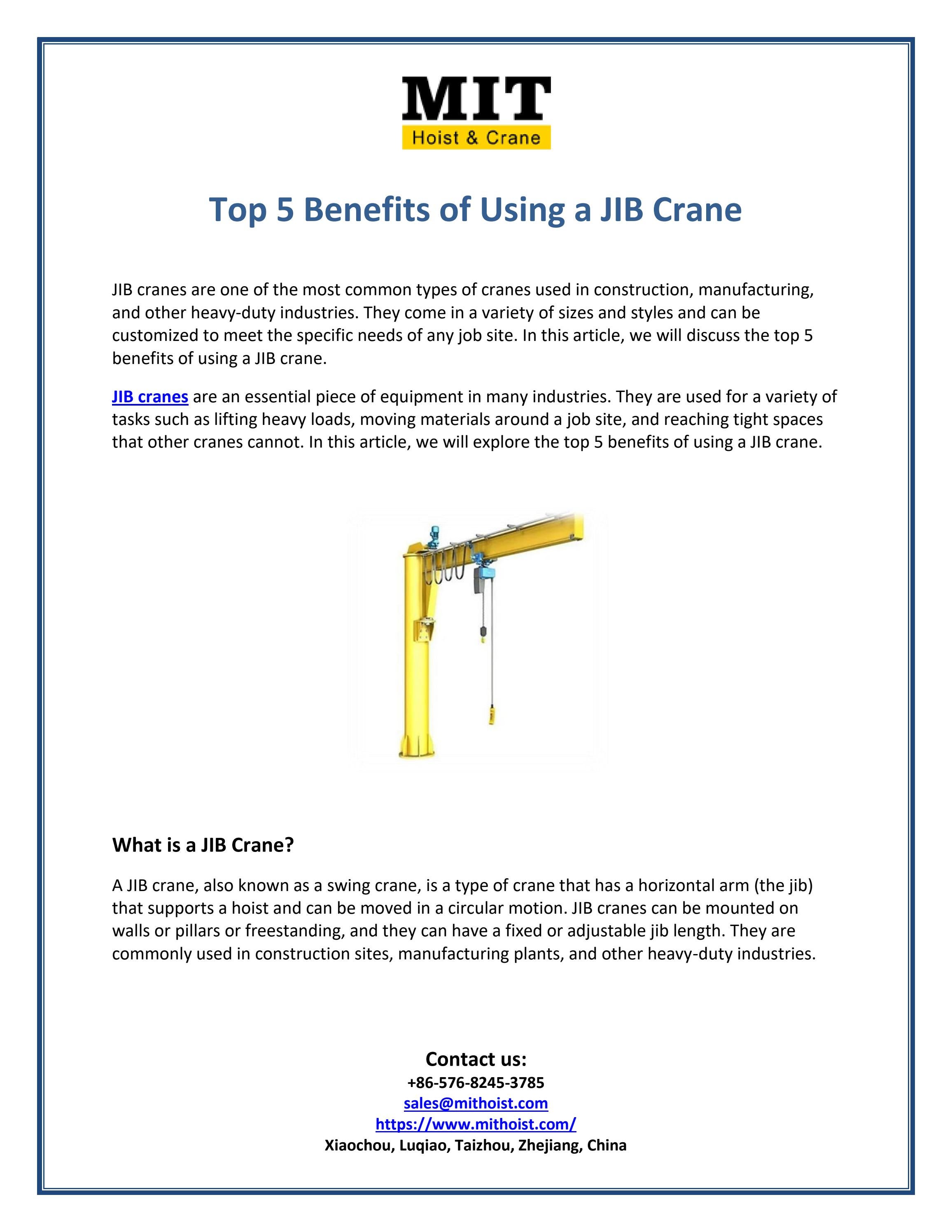Top 5 Benefits of Using a JIB Crane by Taizhou Etalon Machinery Co. Ltd