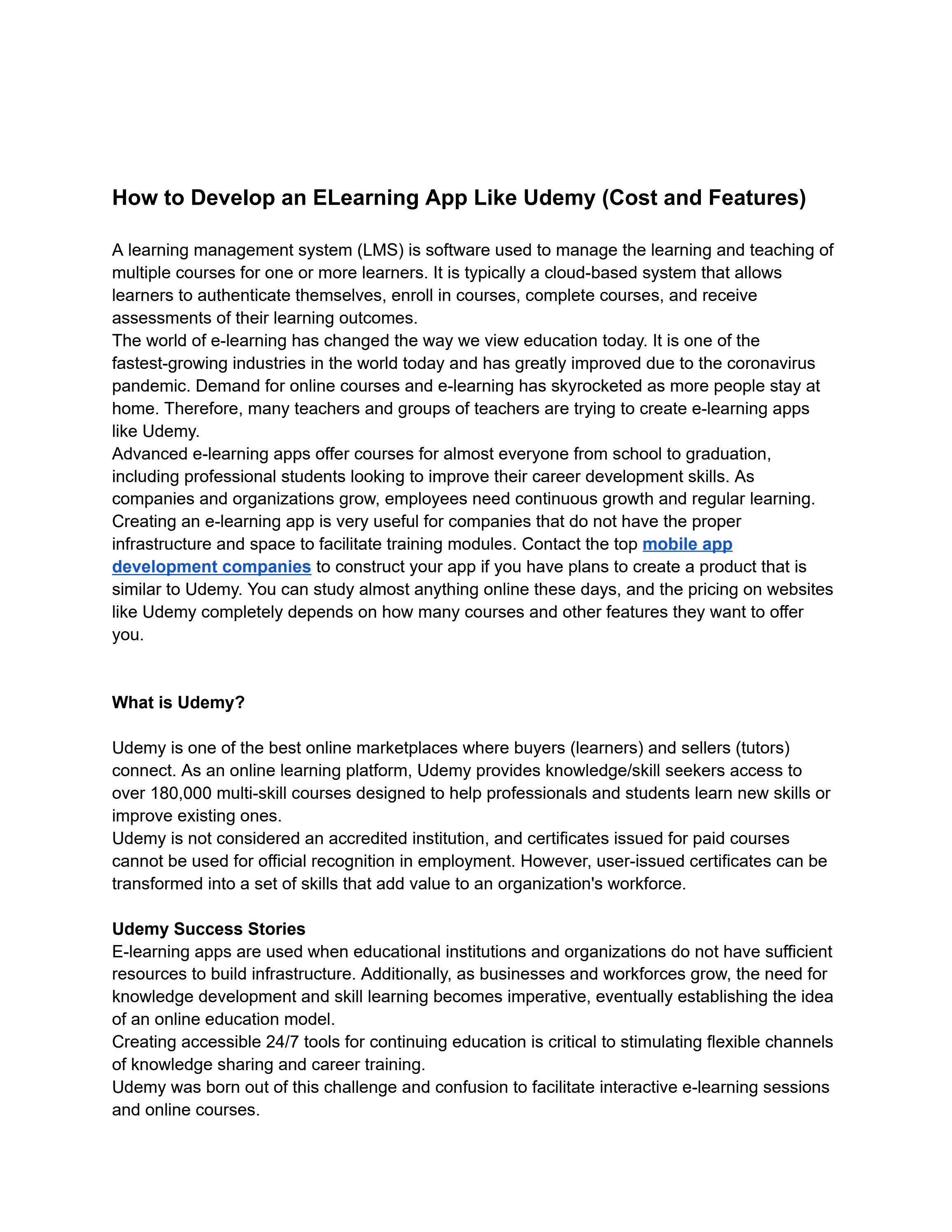 How much does it cost to develop an app like Udemy? by girija lakshmi