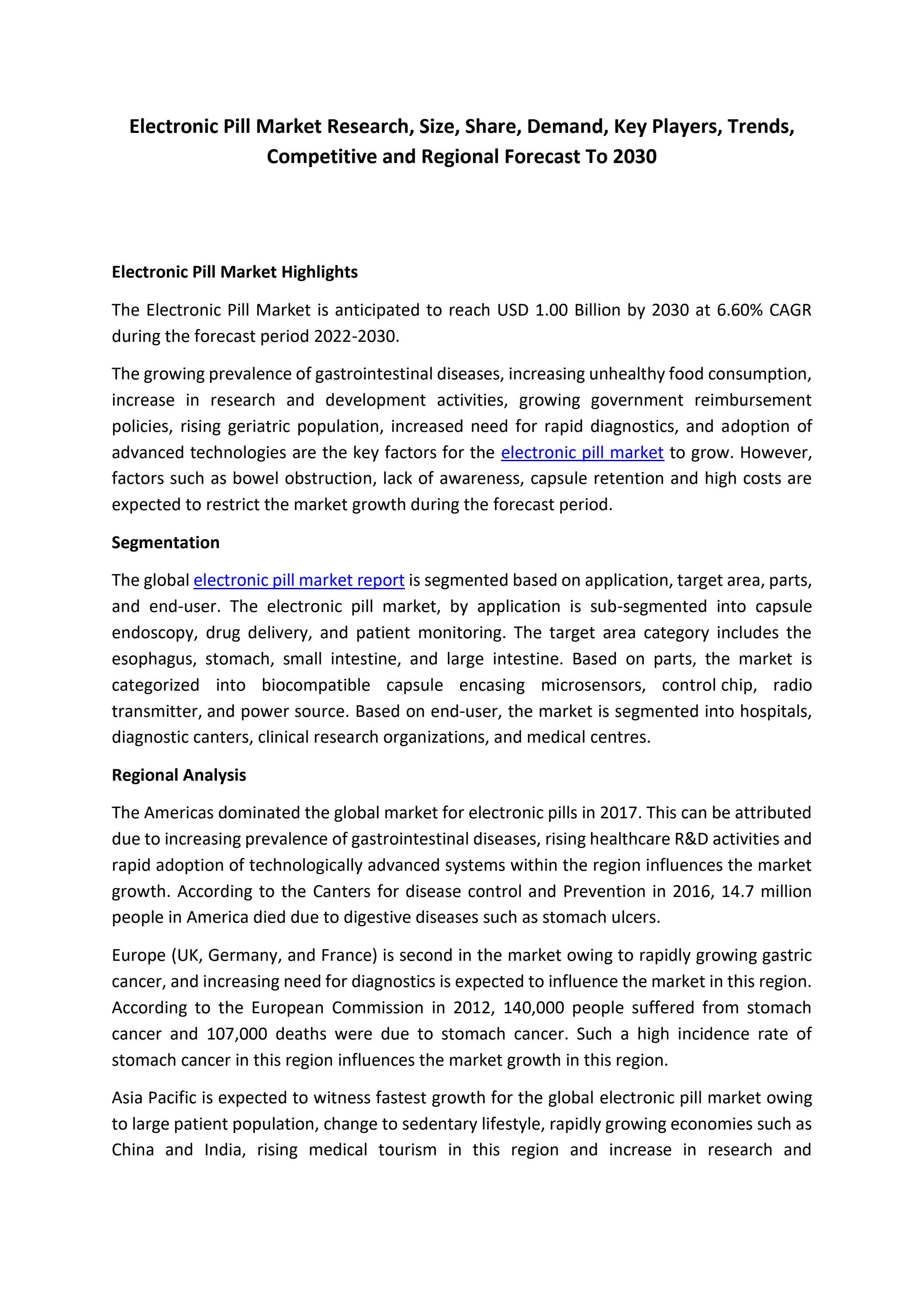 Electronic Pill Market Overview, Analysis by Size, Future Evolution
