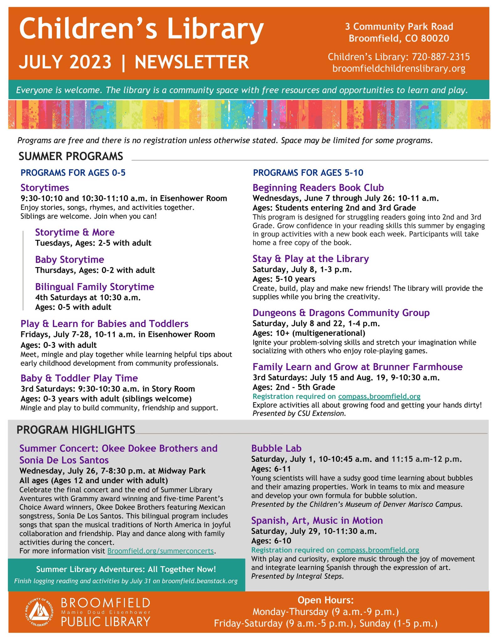 Broomfield Library Children's Newsletter July 2023 by City and County