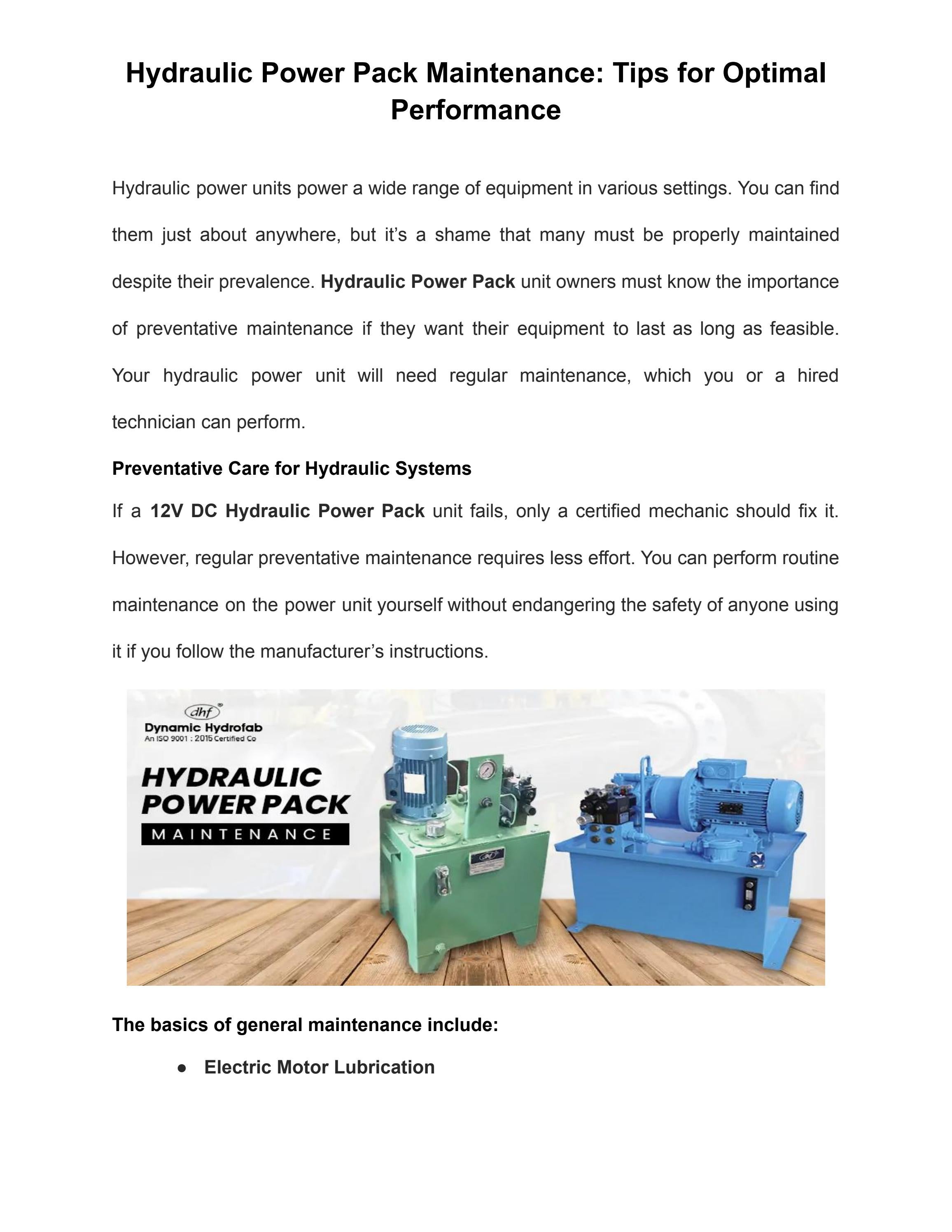 Hydraulic Power Pack Maintenance Tips for Optimal Performance by