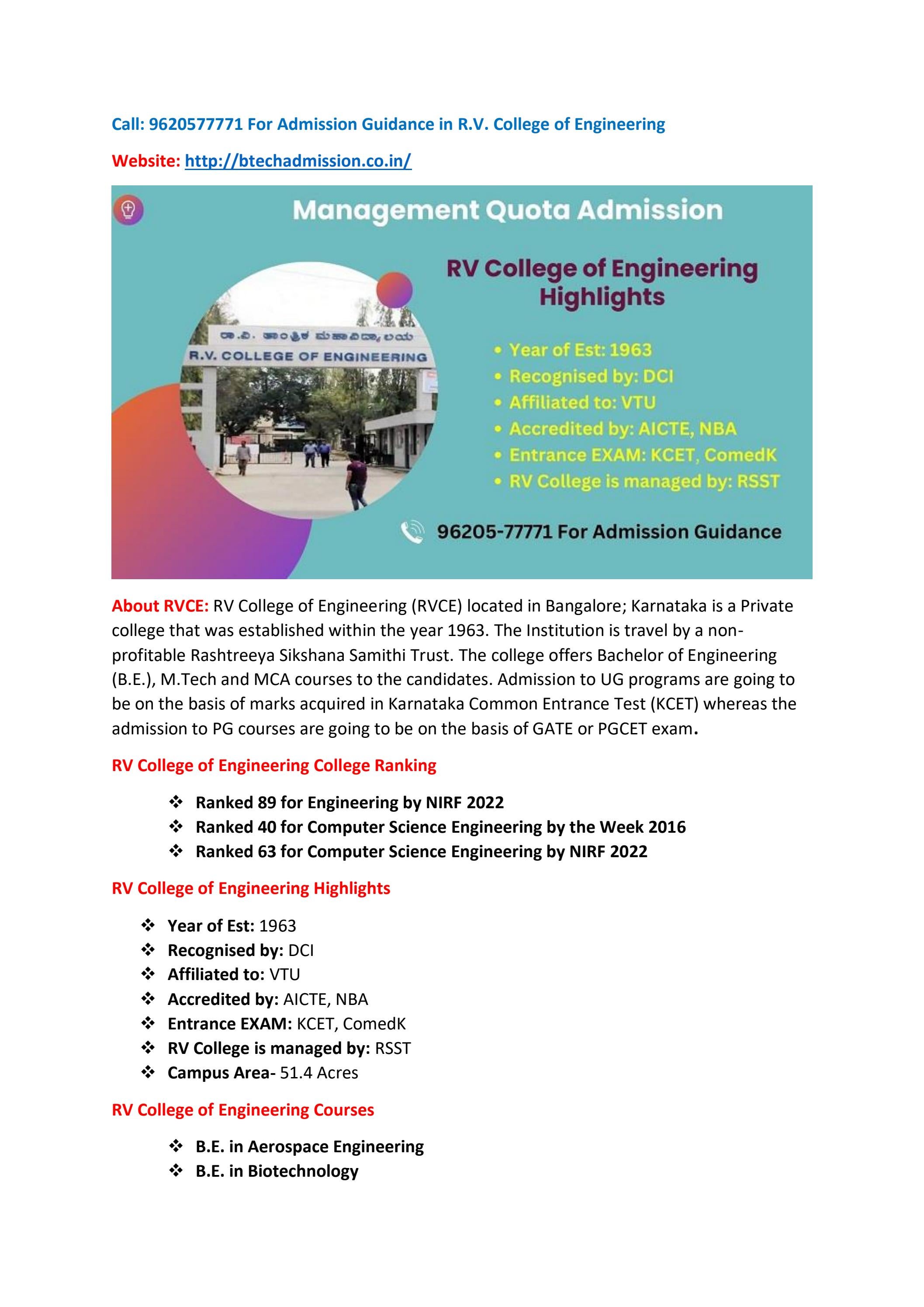 9620577771 RV College of engineering (RVCE) Bangalore Admission by