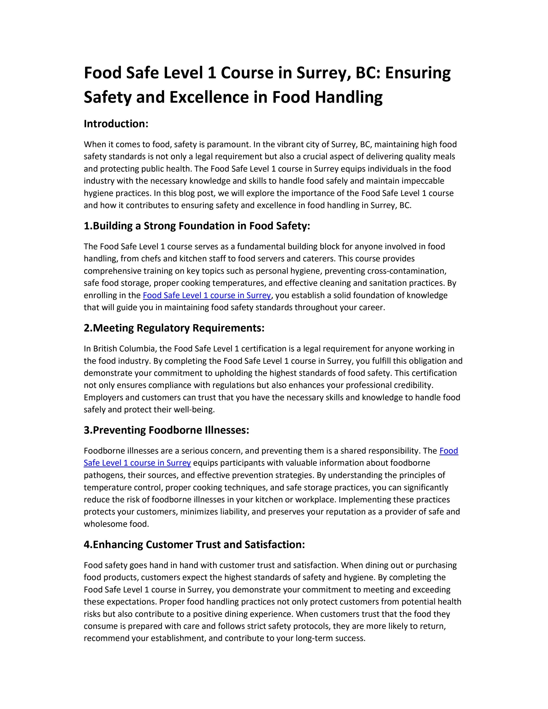 Food Safe Level 1 Course in Surrey, BC Ensuring Safety and Excellence