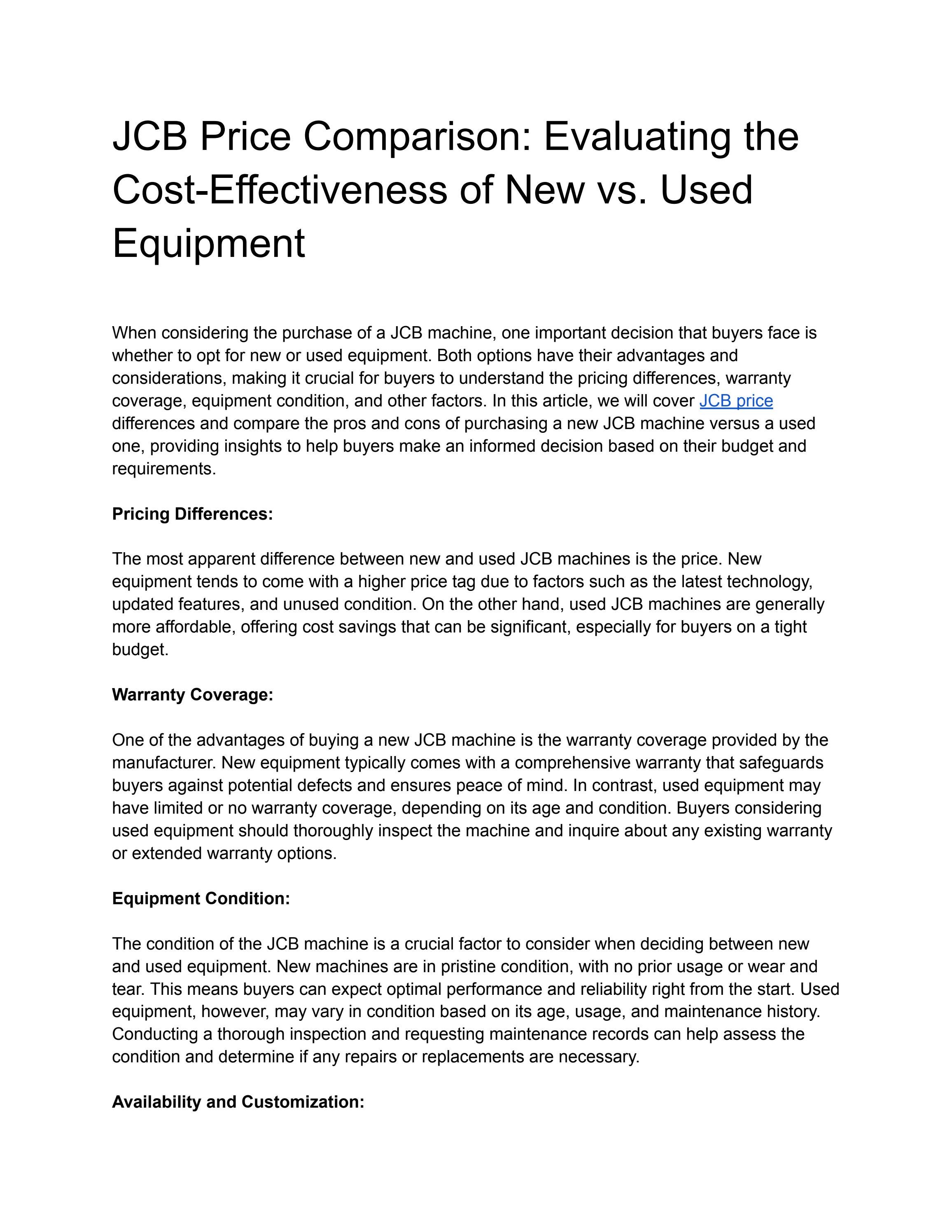 JCB Price Comparison Evaluating the CostEffectiveness of New vs. Used