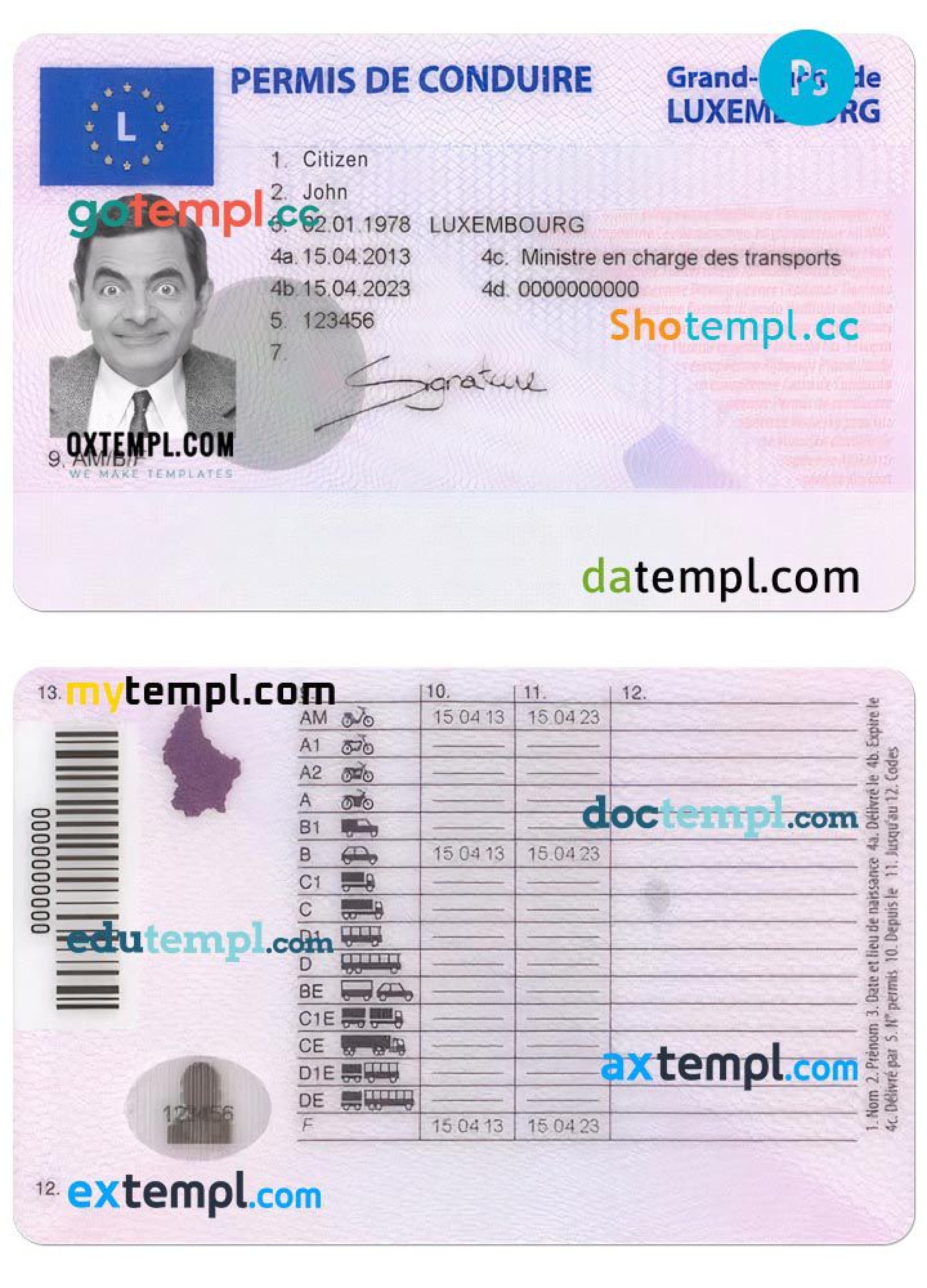 Luxembourg driving license template in PSD format, with fonts by ...