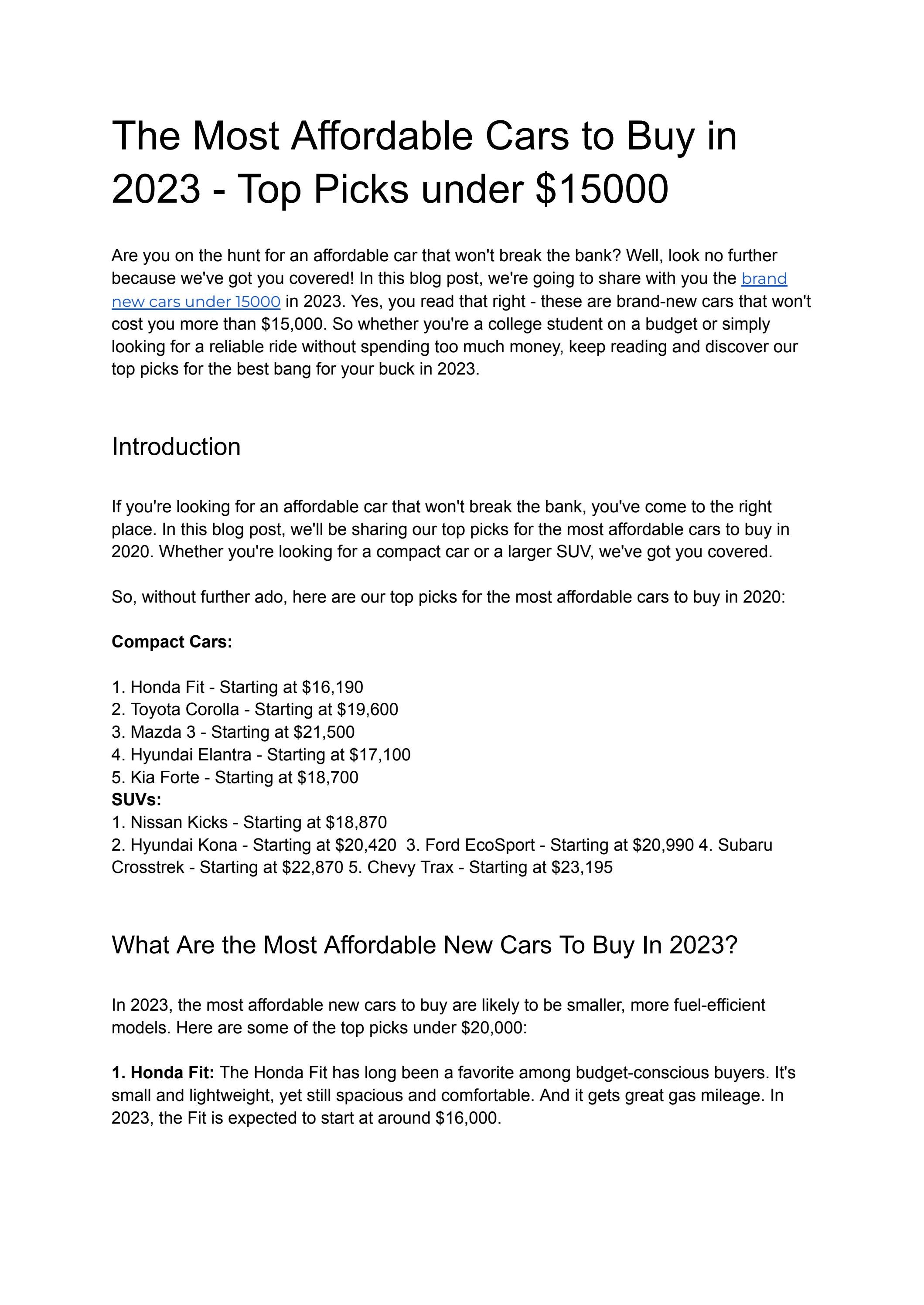 The Most Affordable Cars to Buy in 2023 Top Picks under 15000 by