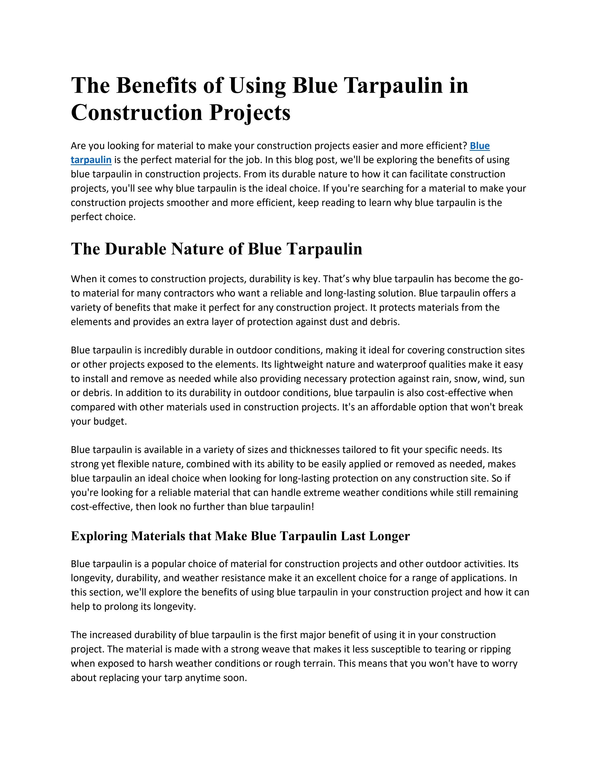 The Benefits of Using Blue Tarpaulin in Construction Projects by