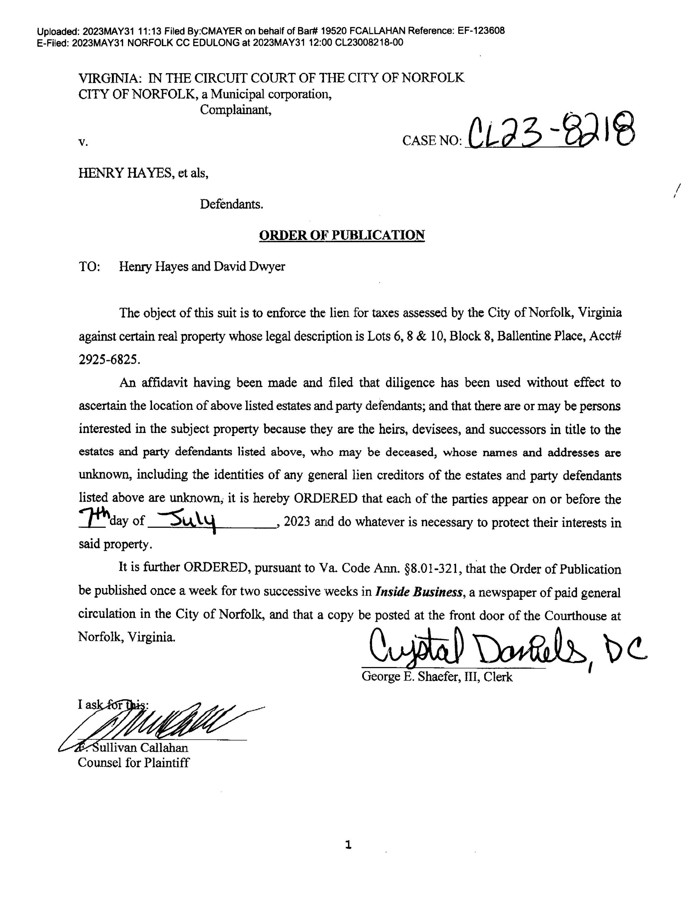 CL238218 ORDER OF PUBLICATION by Norfolk Circuit Court Clerk's Office