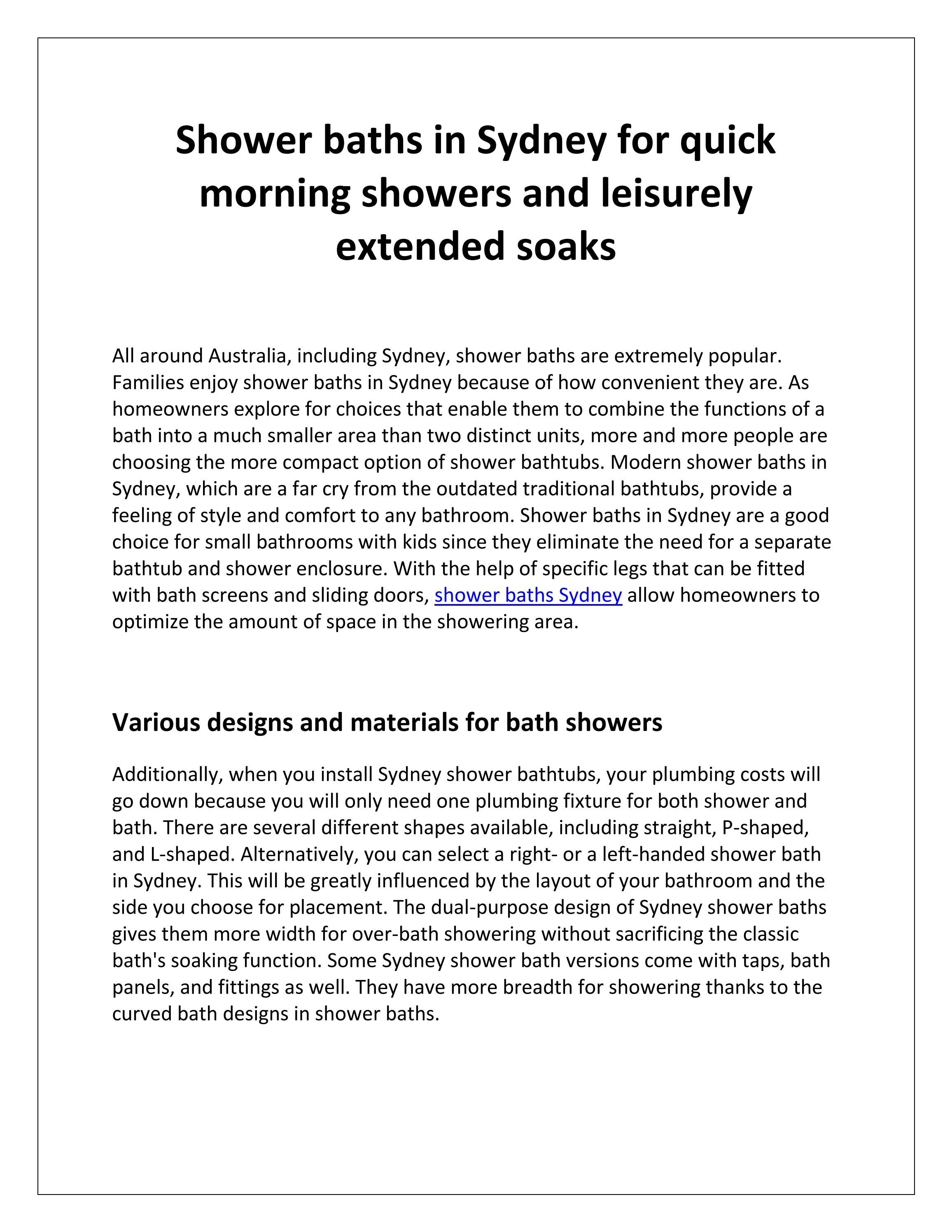 Shower baths in Sydney for quick morning showers and leisurely extended