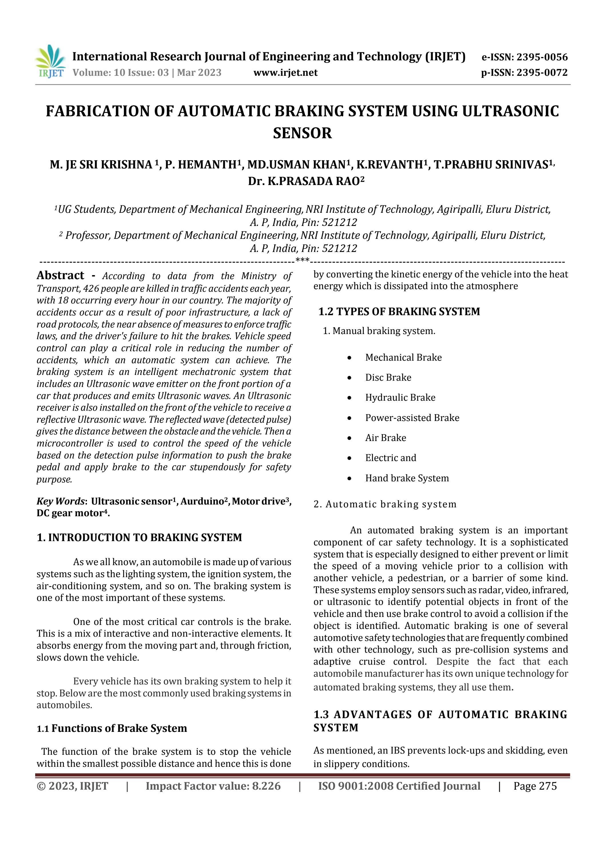 FABRICATION OF AUTOMATIC BRAKING SYSTEM USING ULTRASONIC SENSOR by