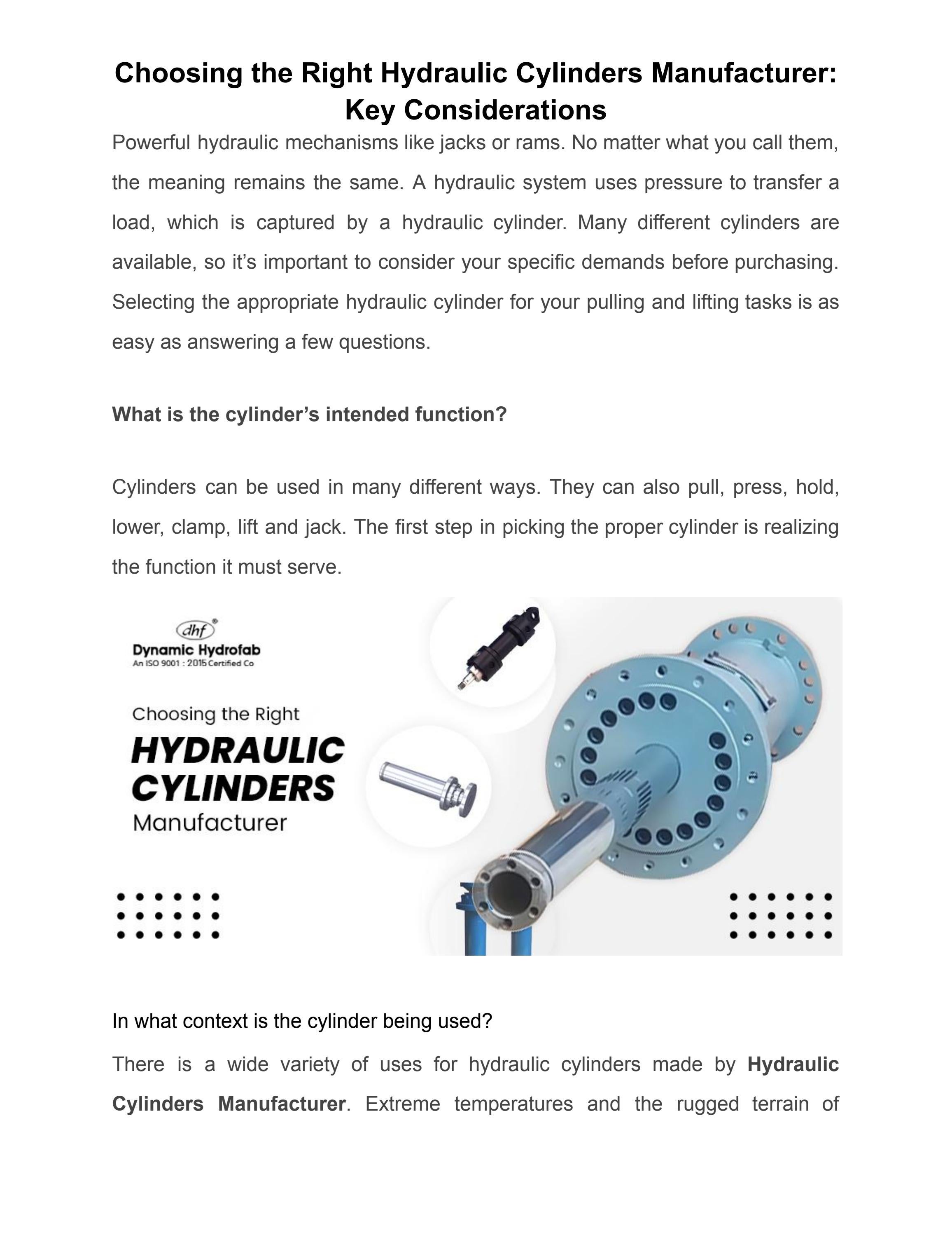 Choosing the Right Hydraulic Cylinders Manufacturer Key Considerations