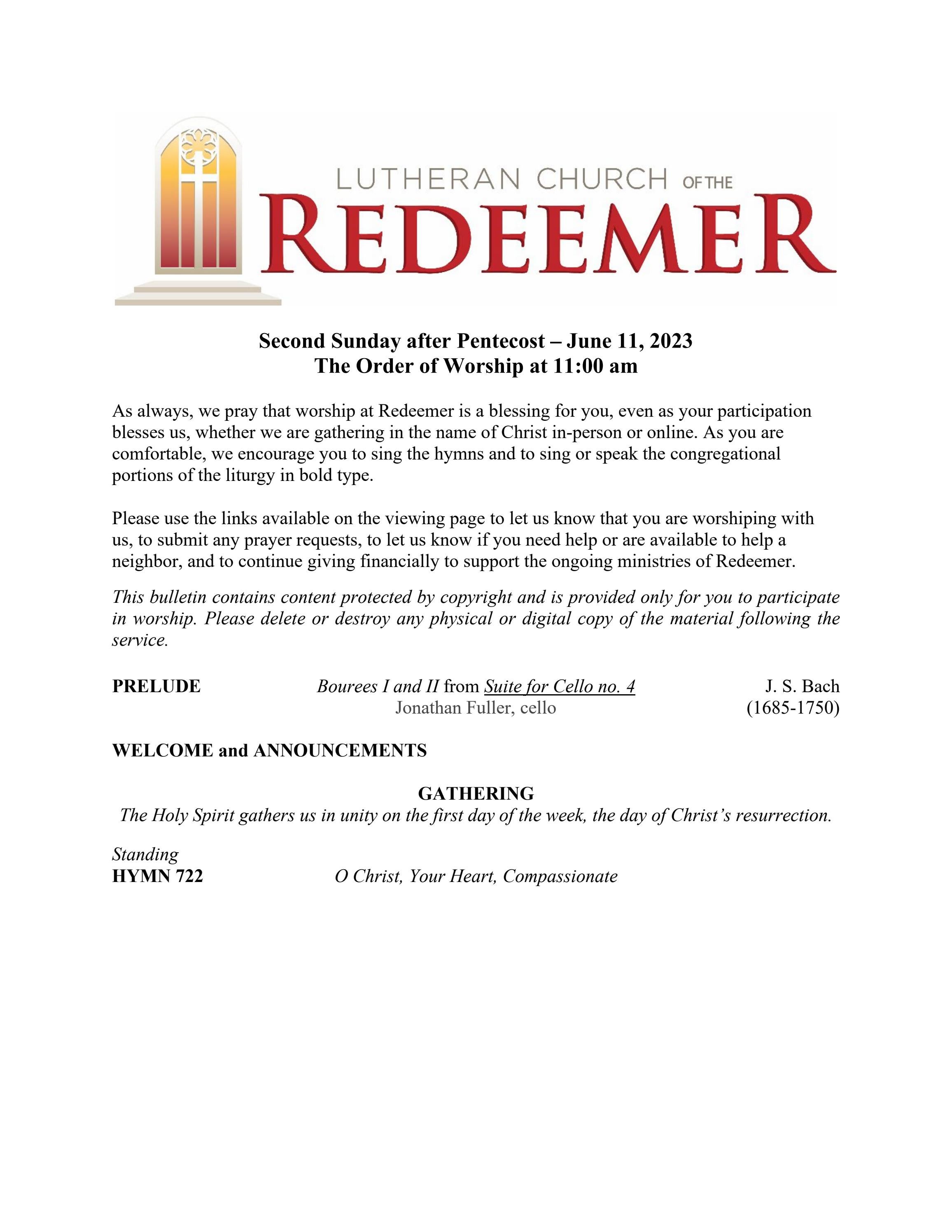 Sunday, June 11, 2023 - Order of worship at 11am - Lutheran Church of the  Redeemer Atlanta, GA USA by redeemeratl - Issuu