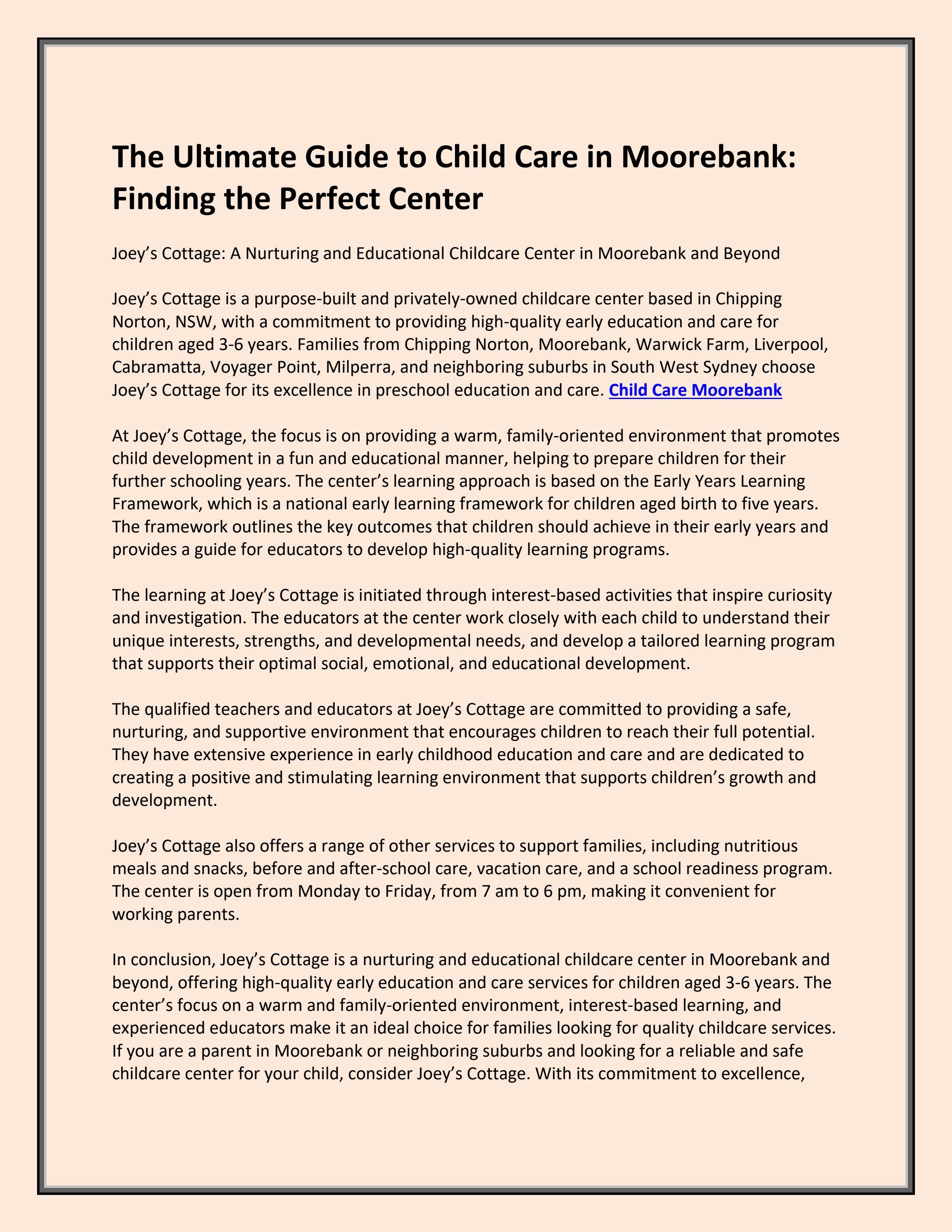 The Ultimate Guide to Child Care in Moorebank Finding the Perfect