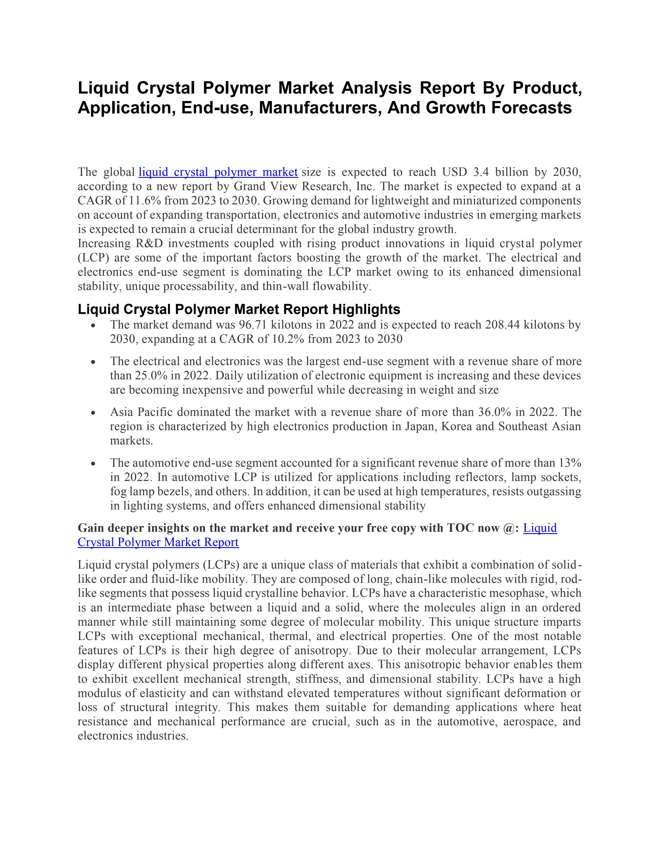 Liquid Crystal Polymers Examining the Market Across Industries
