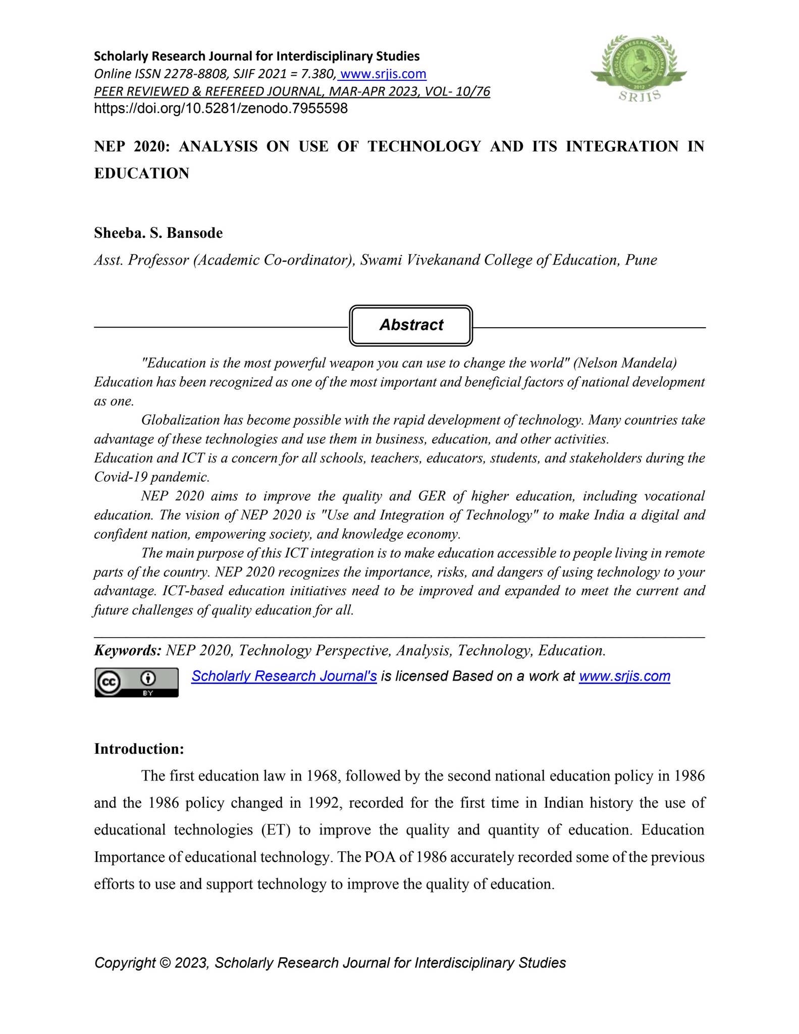 NEP 2020: ANALYSIS ON USE OF TECHNOLOGY AND ITS INTEGRATION IN ...
