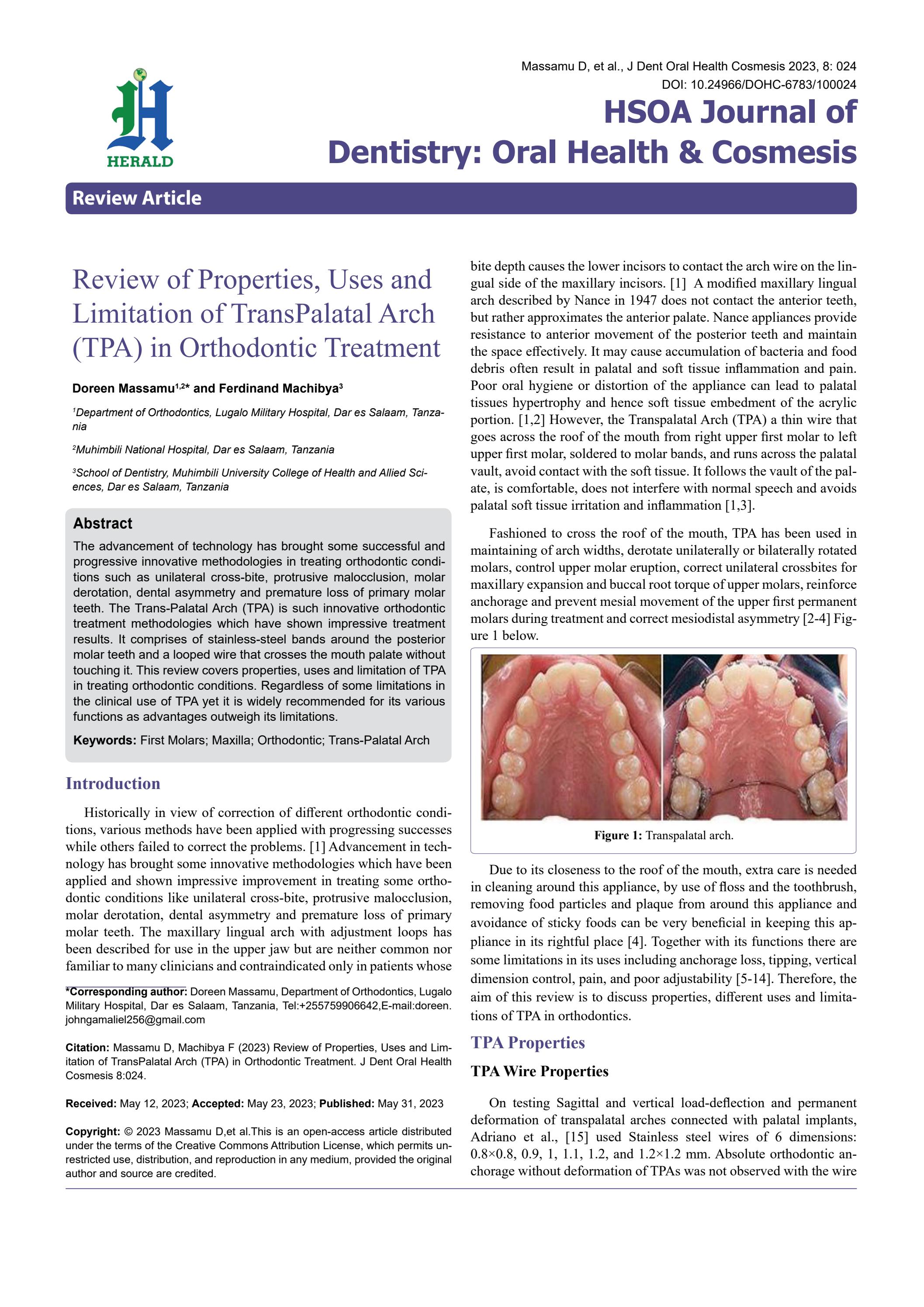 Review of Properties, Uses and Limitation of TransPalatal Arch (TPA) in
