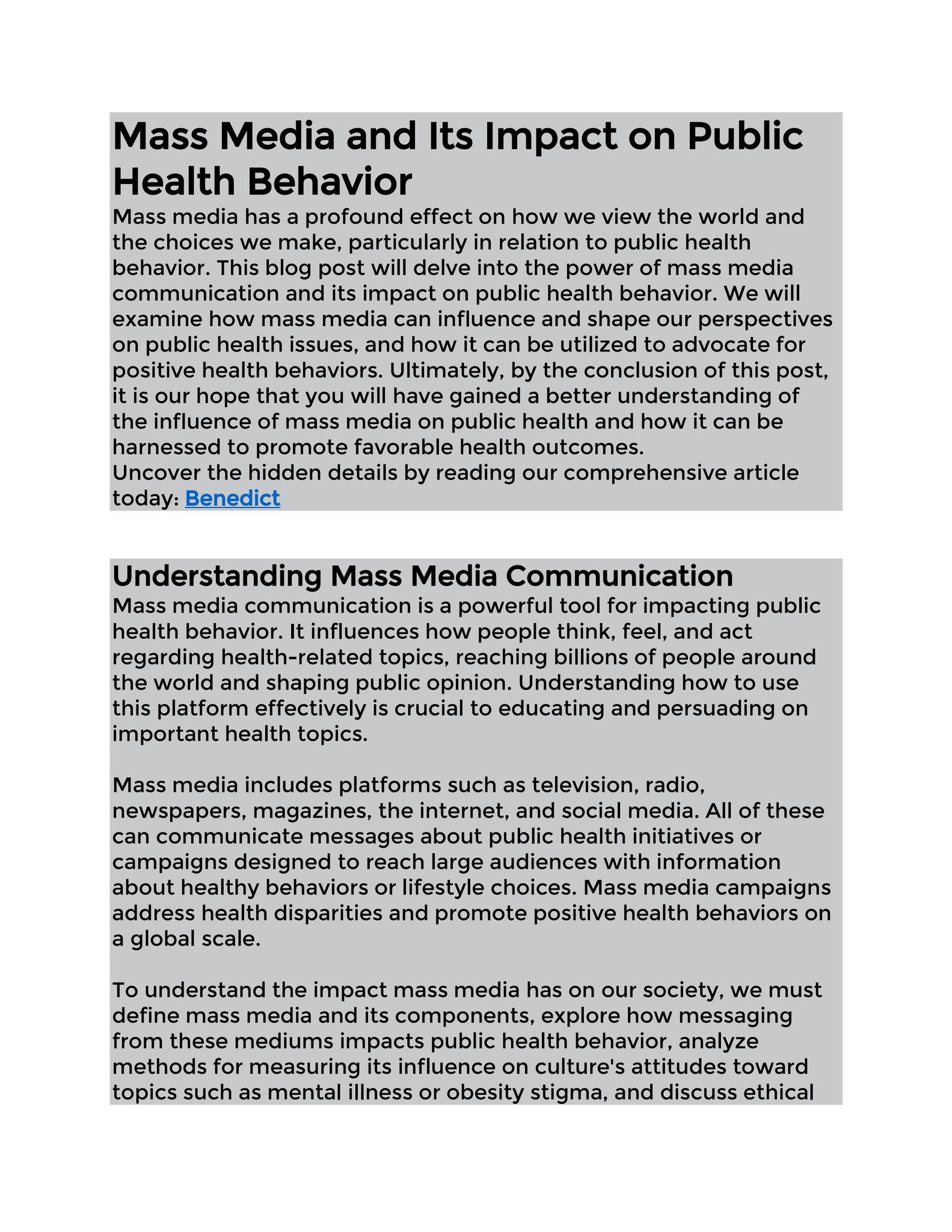 Mass Media and Its Impact on Public Health Behavior by Benedict ...