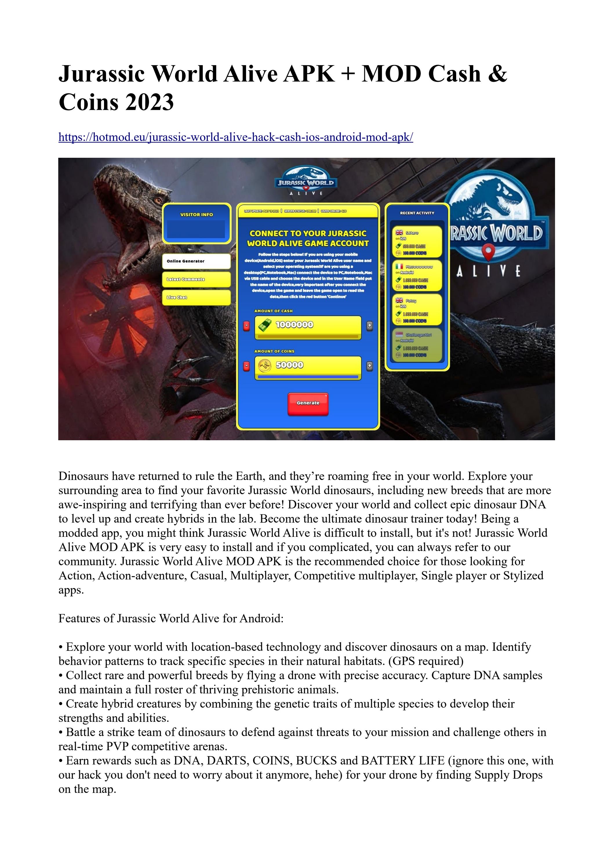Jurassic World Alive APK   MOD Cash Coins 2023 by jurassic world