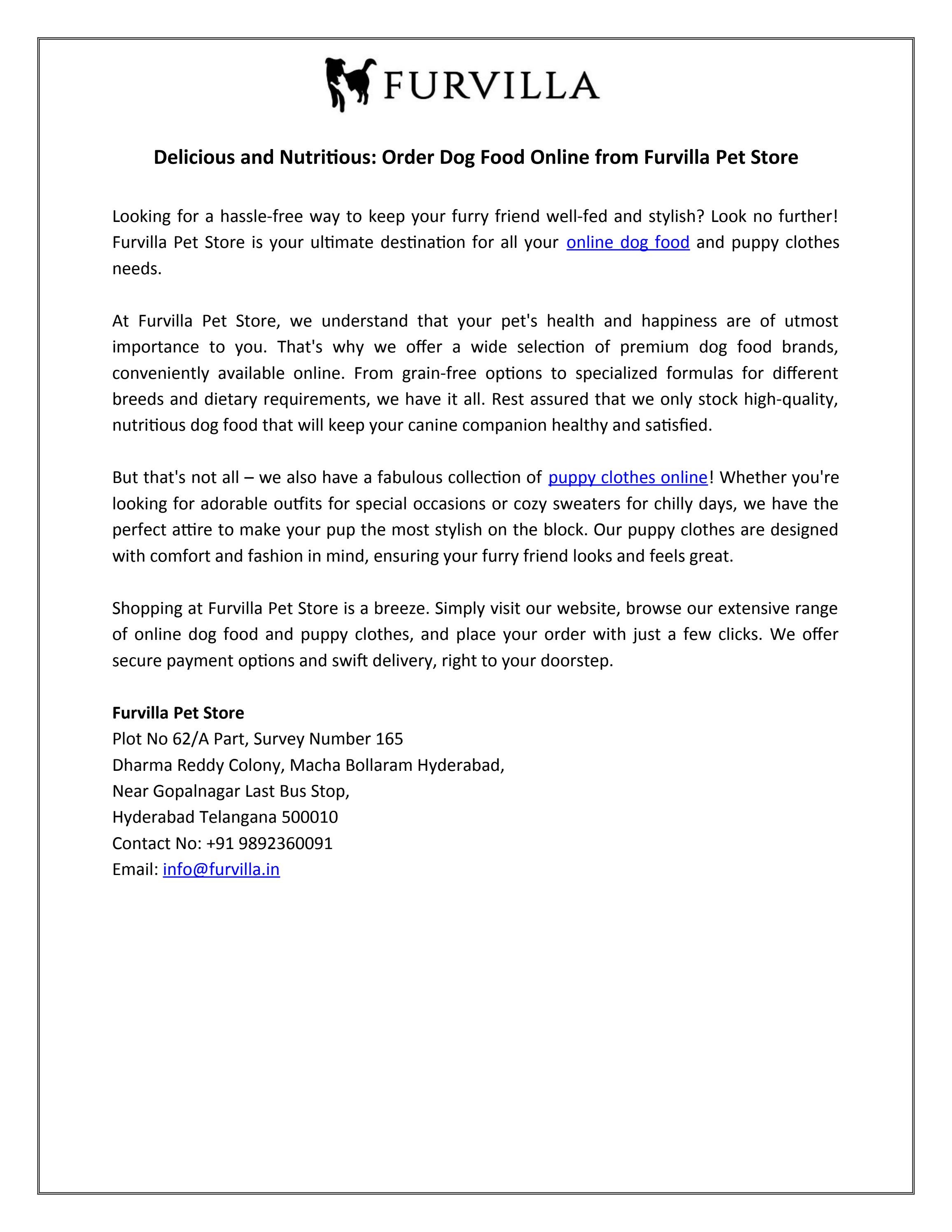 Delicious and Nutritious Order Dog Food Online from Furvilla Pet Store