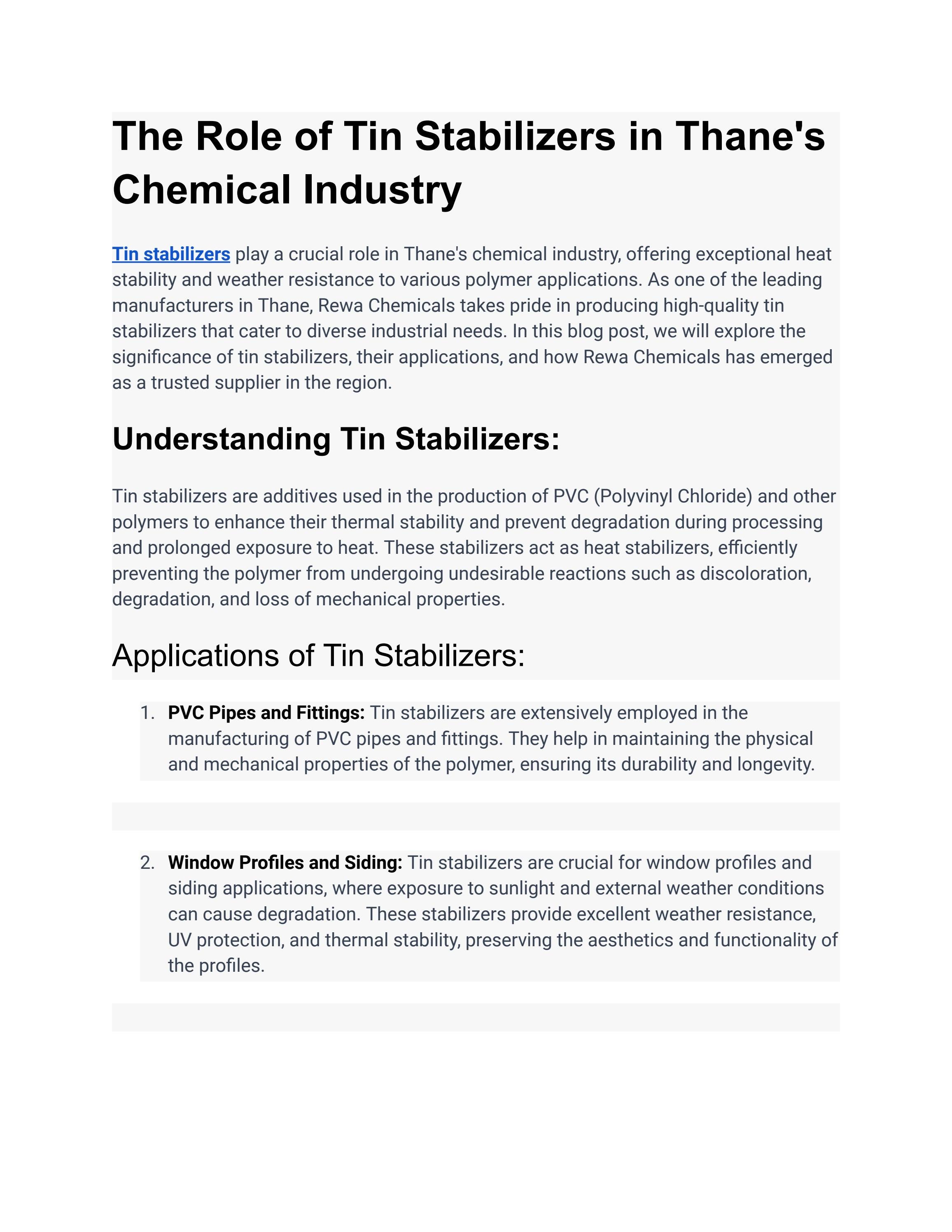 The Role of Tin Stabilizers in Thane's Chemical Industry by Rewa