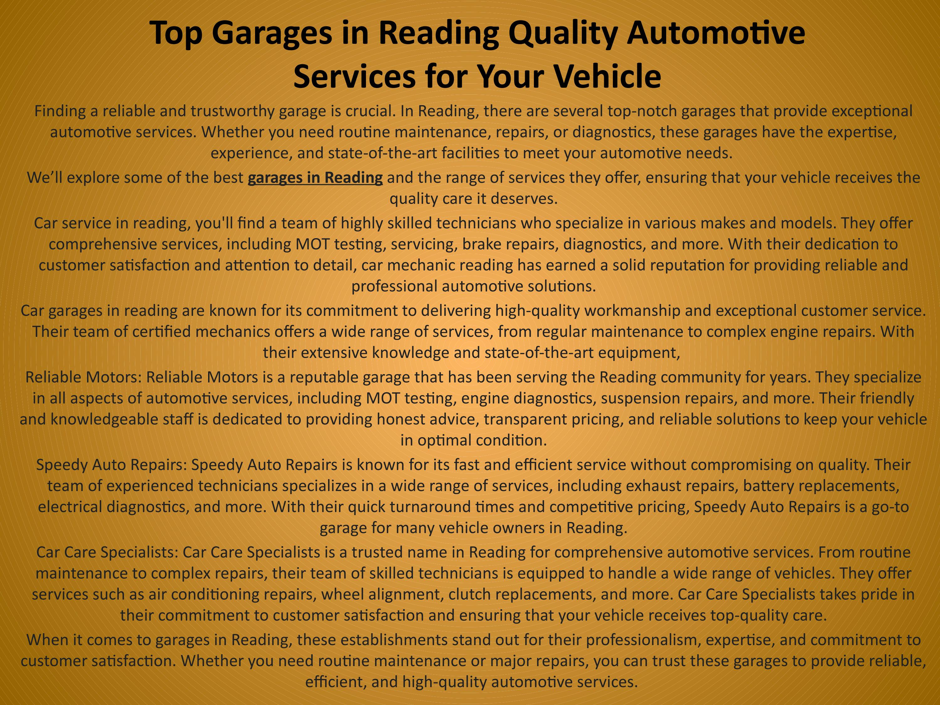 Top Garages in Reading Quality Automotive Services for Your Vehicle by