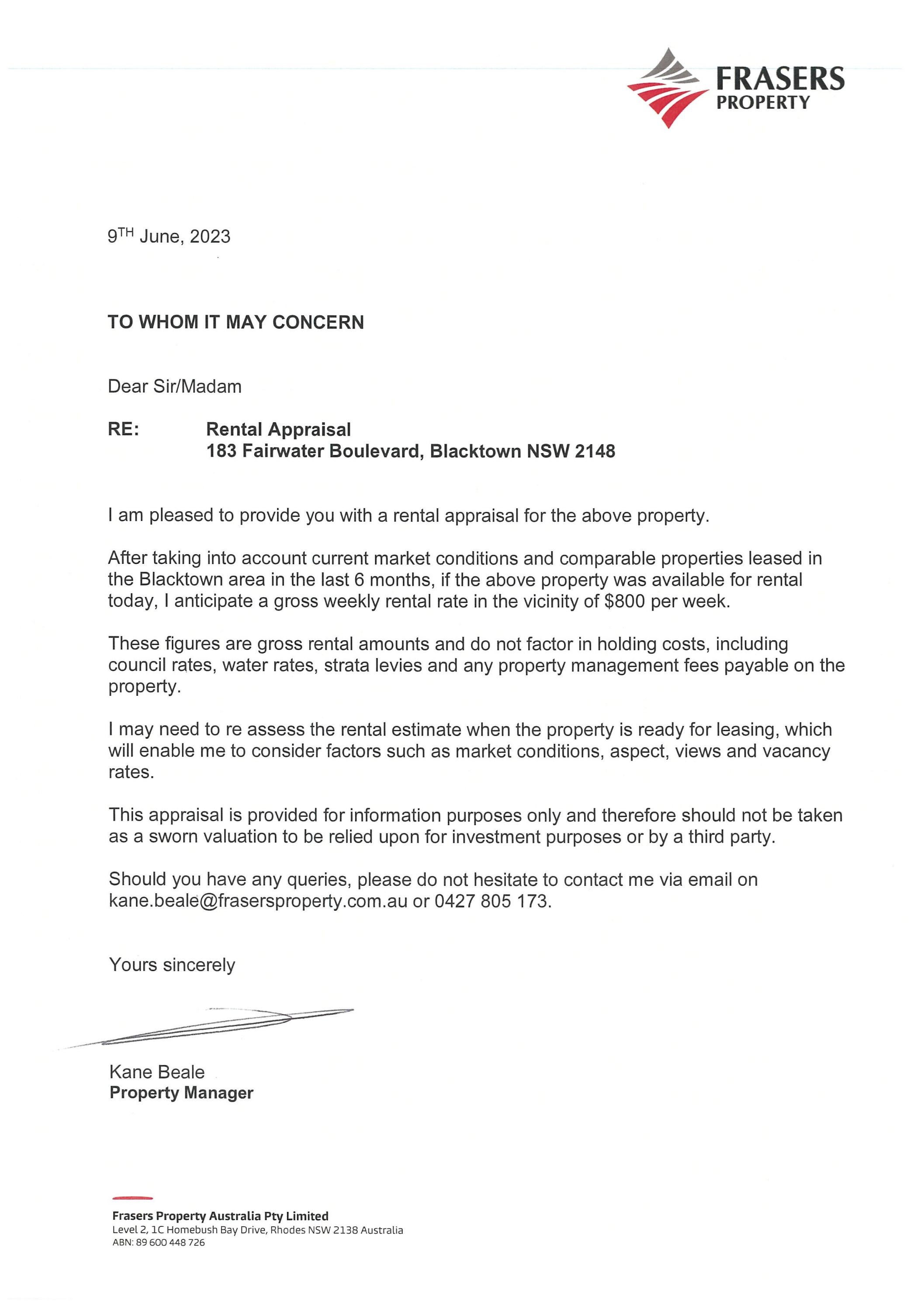 Fairwater 183 Fairwater Blvd Rental Appraisal by Frasers Property