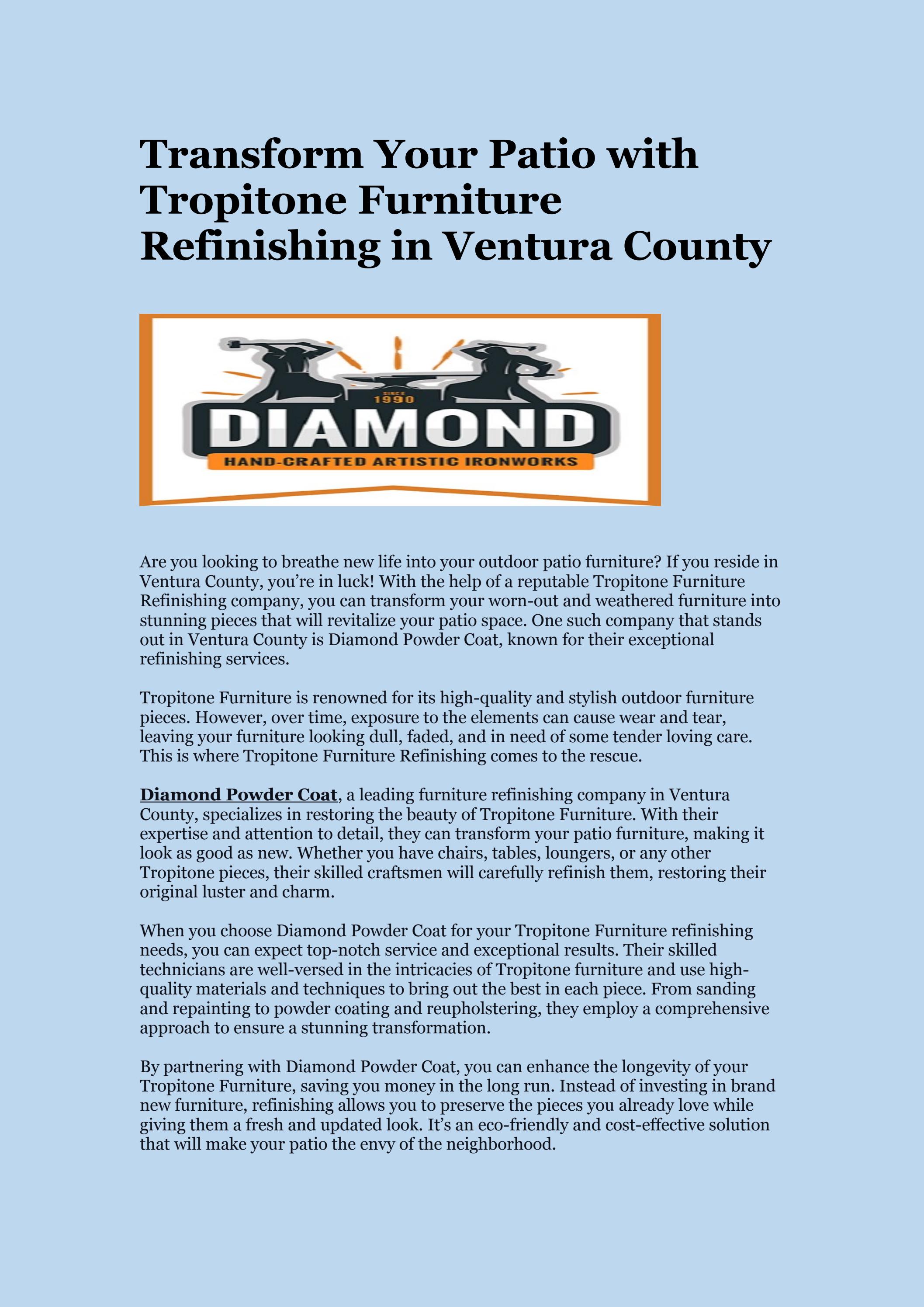 Tropitone Furniture Refinishing Company Ventura County by Diamond