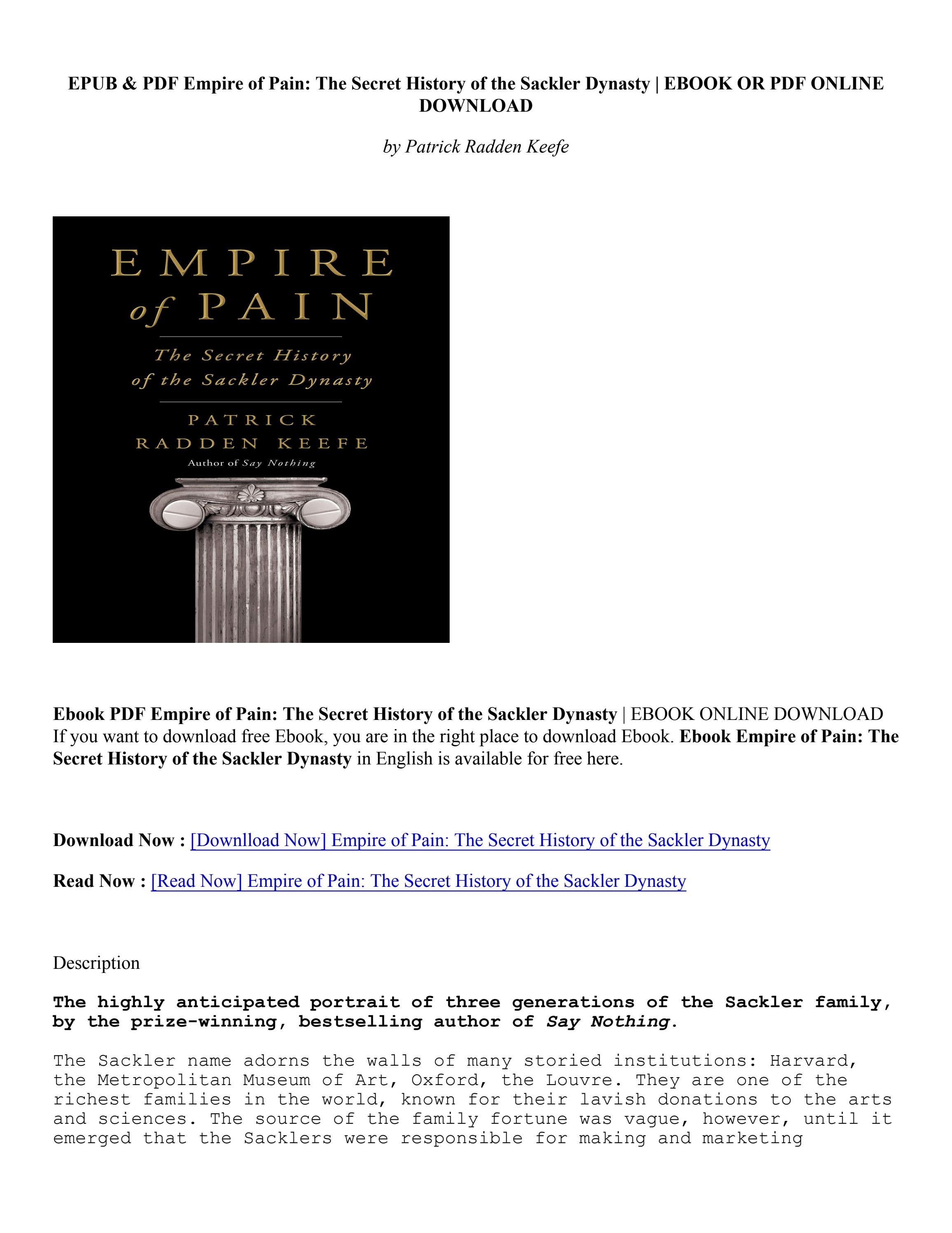 Download Empire of Pain The Secret History of the Sackler Dynasty