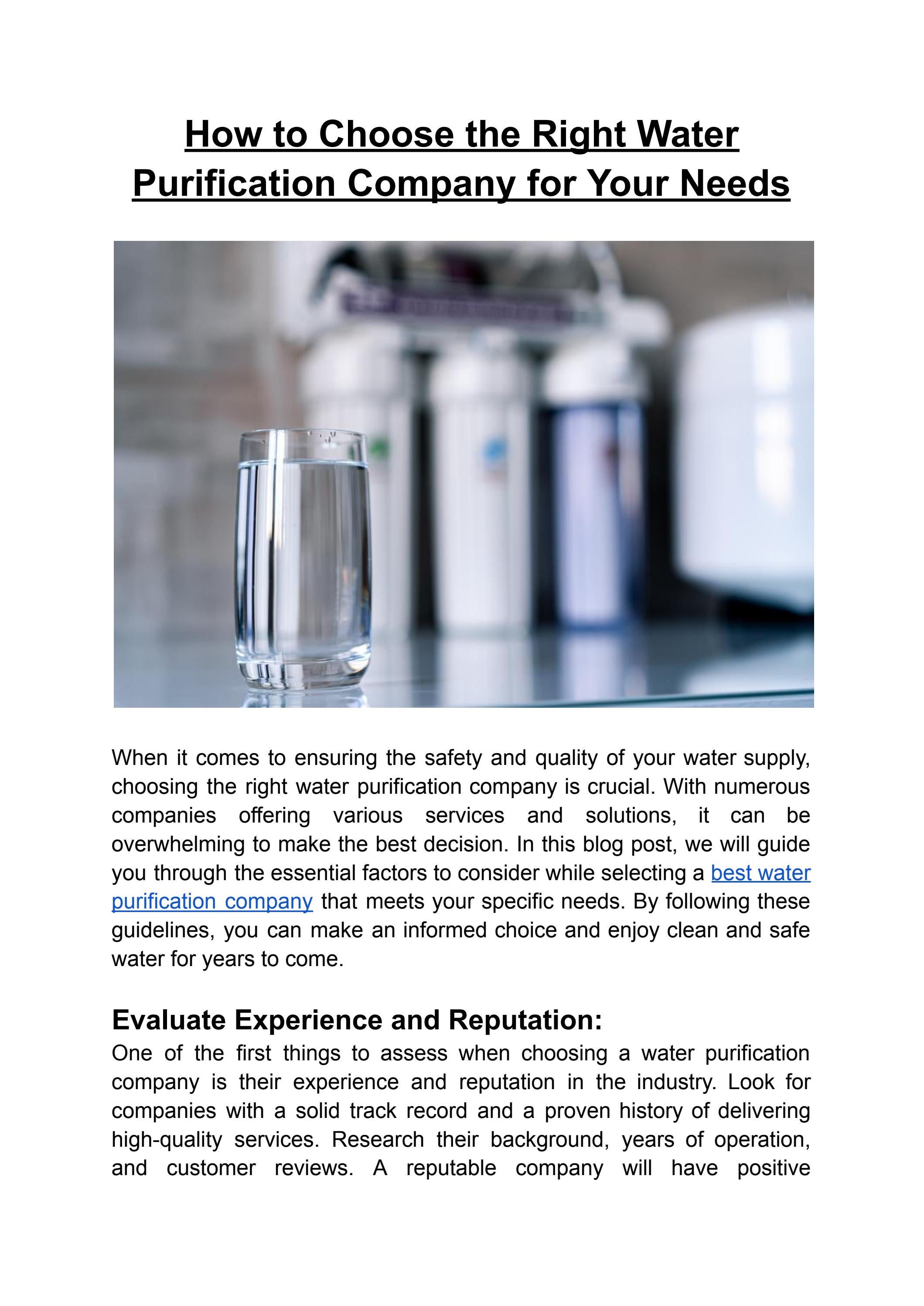 How to Choose the Right Water Purification Company for Your Needs by